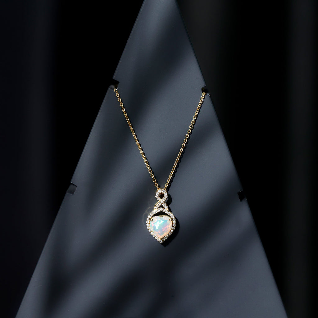 Ethiopian Opal Pendant – 2 Carat Heart Shape Infinity Necklace with Lab Grown Diamonds