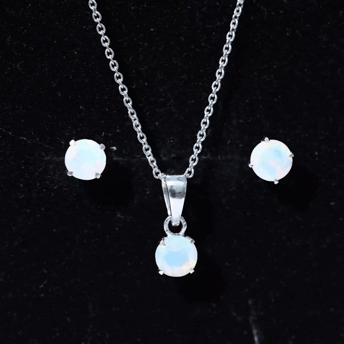 Ethiopian Opal Jewelry Set – 6MM Round Solitaire Pendant & Stud Earrings Gift