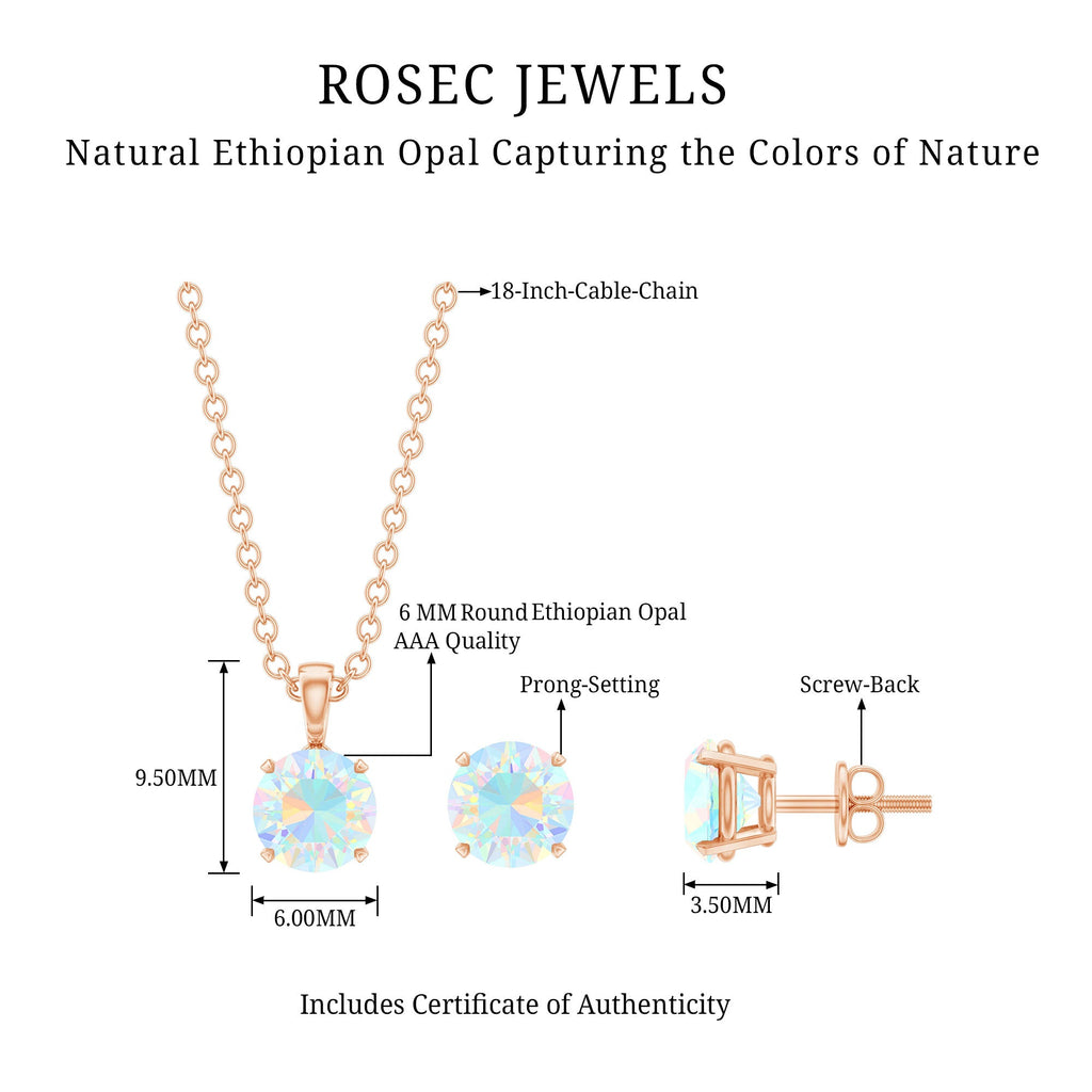 Ethiopian Opal Jewelry Set – 6MM Round Solitaire Pendant & Stud Earrings Gift