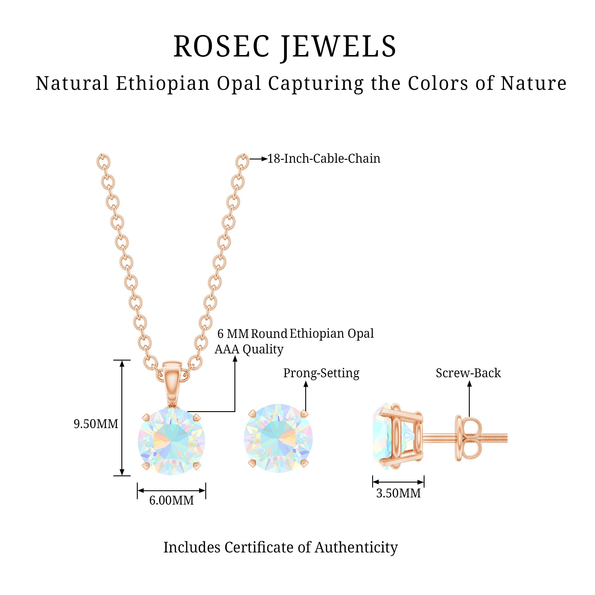 Ethiopian Opal Jewelry Set – 6MM Round Solitaire Pendant & Stud Earrings Gift