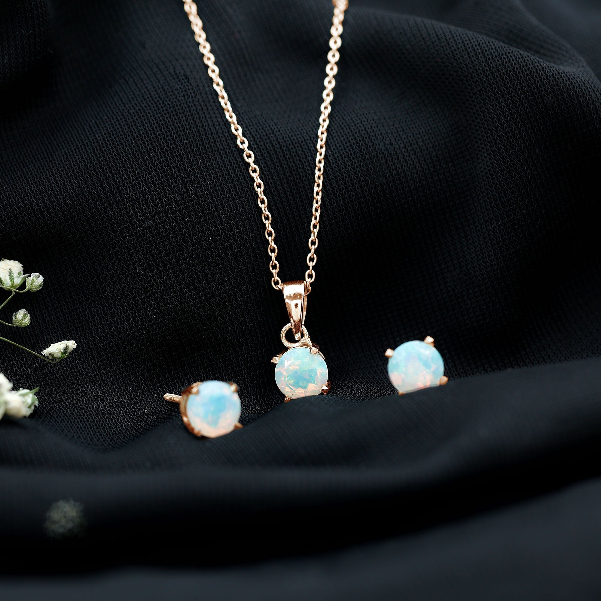 Ethiopian Opal Jewelry Set – 6MM Round Solitaire Pendant & Stud Earrings Gift