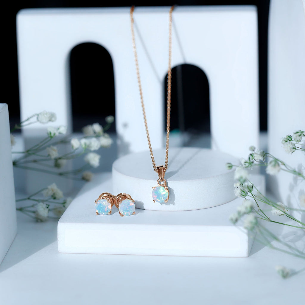 Ethiopian Opal Jewelry Set – 6MM Round Solitaire Pendant & Stud Earrings Gift