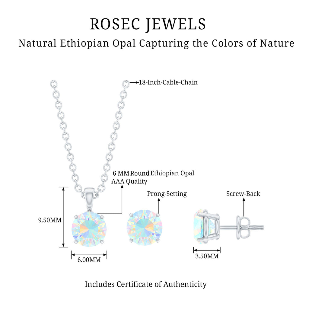 Ethiopian Opal Jewelry Set – 6MM Round Solitaire Pendant & Stud Earrings Gift