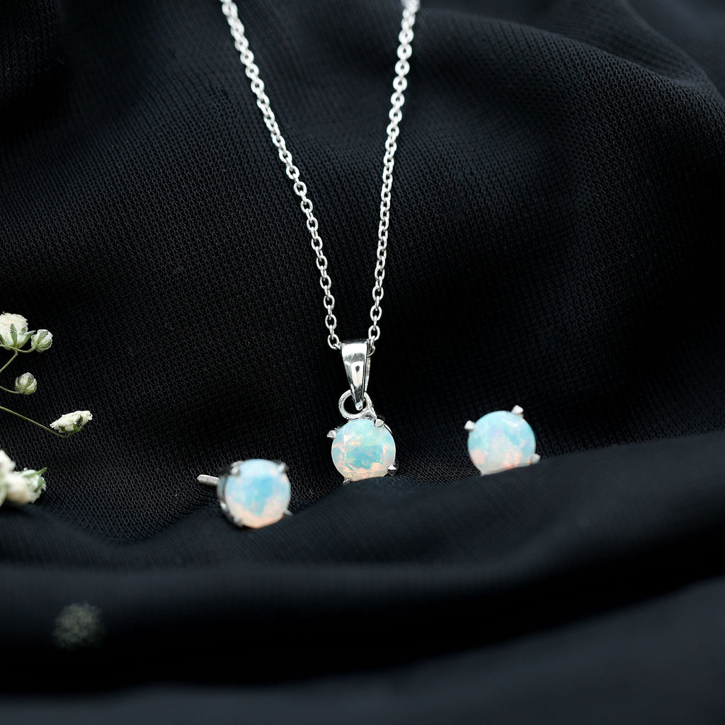 Ethiopian Opal Jewelry Set – 6MM Round Solitaire Pendant & Stud Earrings Gift