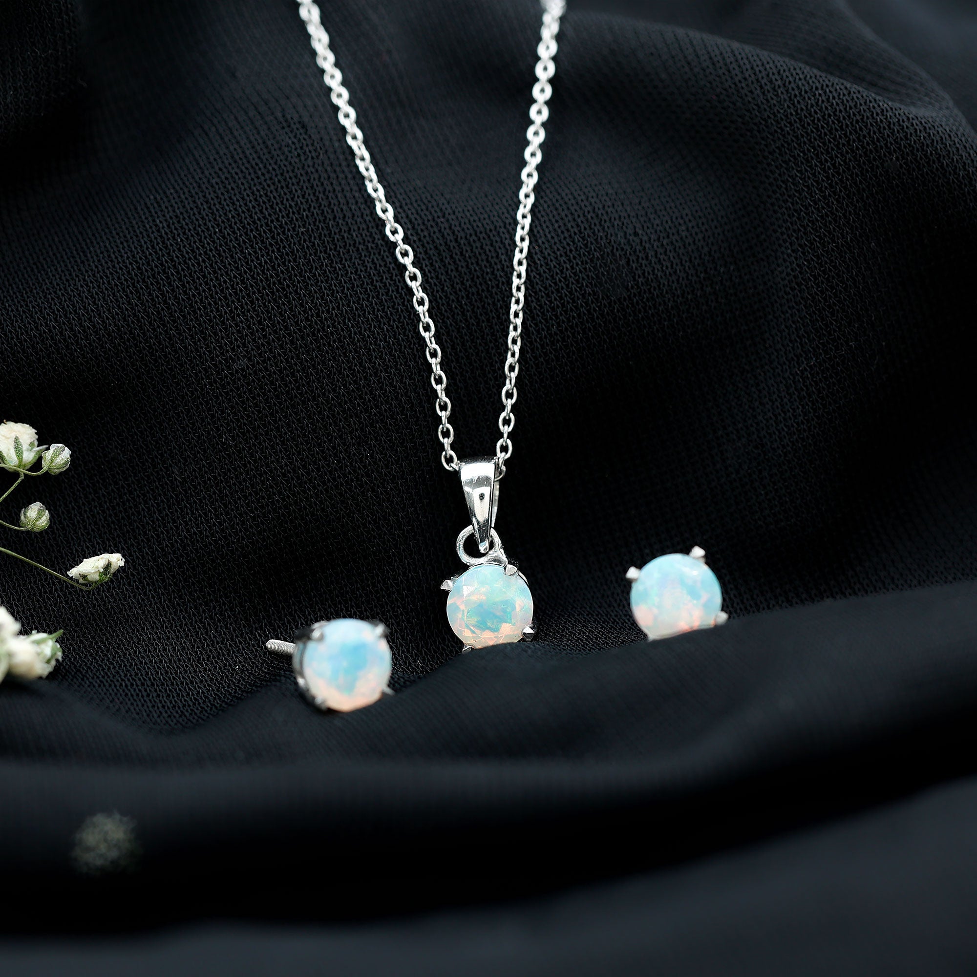 Ethiopian Opal Jewelry Set – 6MM Round Solitaire Pendant & Stud Earrings Gift