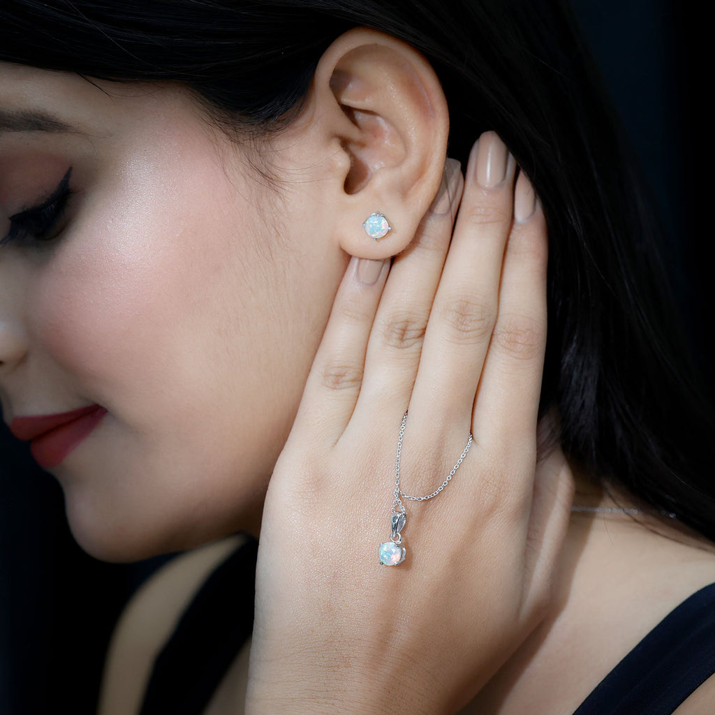 Ethiopian Opal Jewelry Set – 6MM Round Solitaire Pendant & Stud Earrings Gift