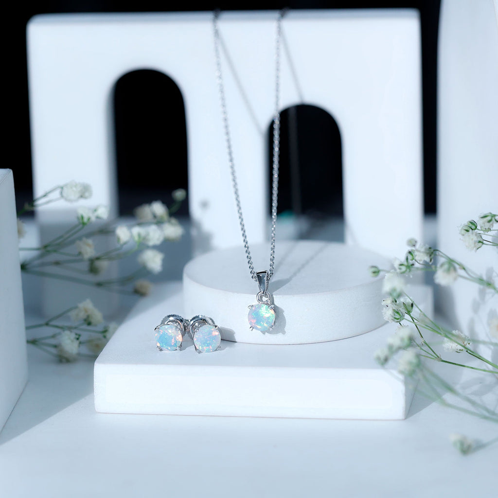 Ethiopian Opal Jewelry Set – 6MM Round Solitaire Pendant & Stud Earrings Gift