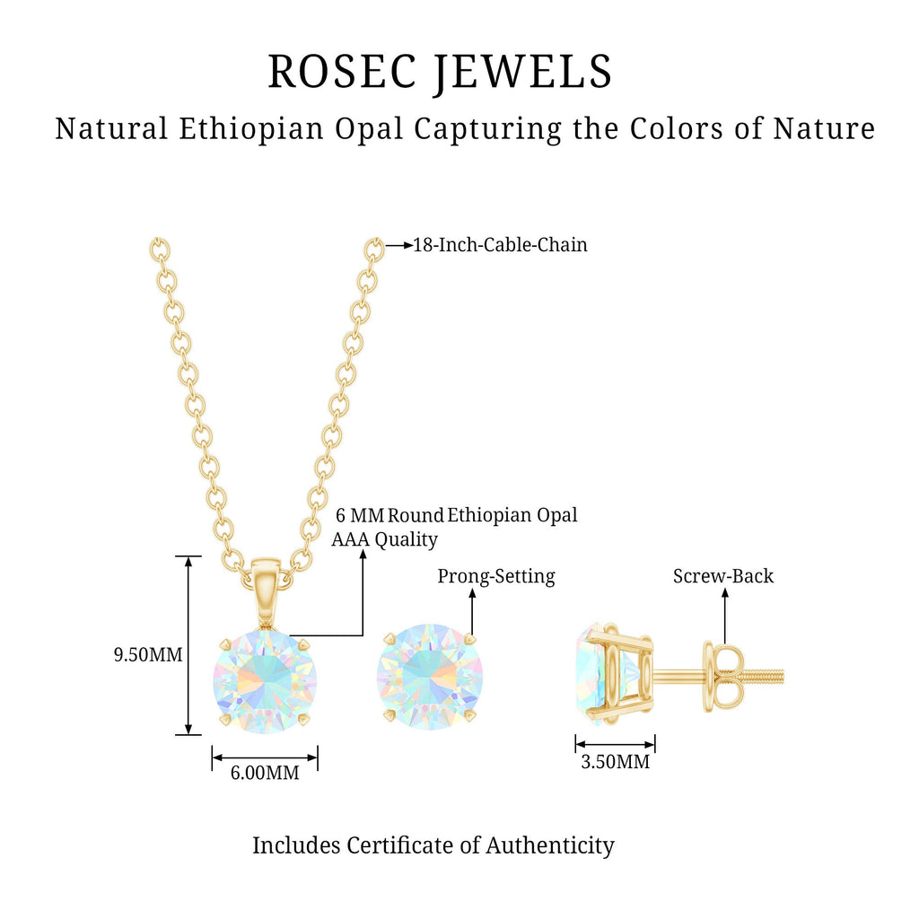 Ethiopian Opal Jewelry Set – 6MM Round Solitaire Pendant & Stud Earrings Gift