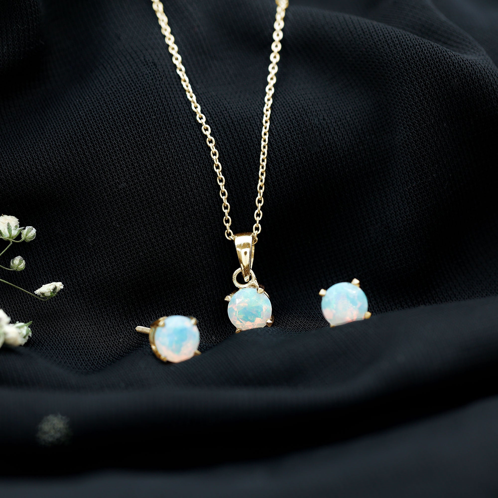 Ethiopian Opal Jewelry Set – 6MM Round Solitaire Pendant & Stud Earrings Gift