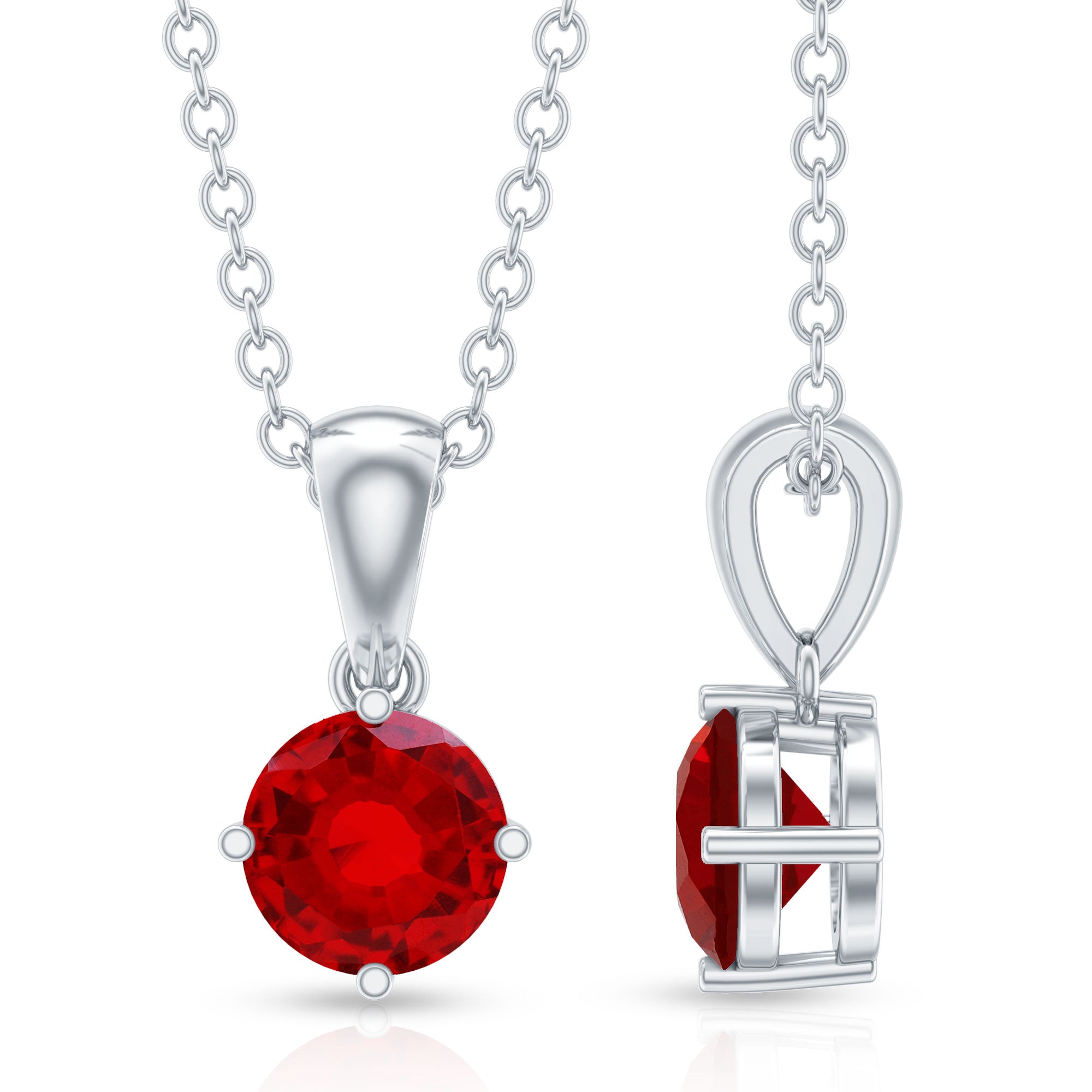 Lab Grown Ruby Necklace - Women's Solitaire Pendant with Cable Chain