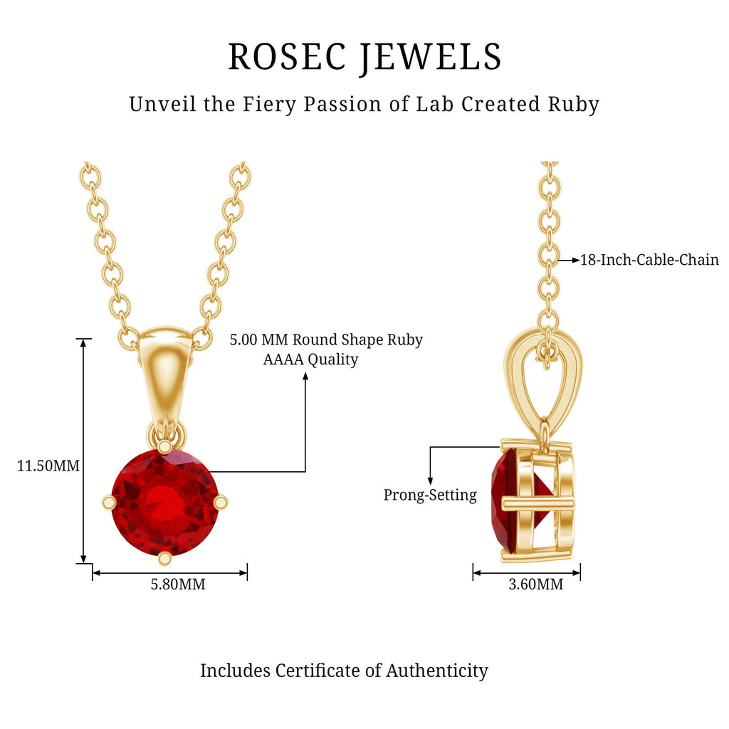 Lab Grown Ruby Necklace - Women's Solitaire Pendant with Cable Chain