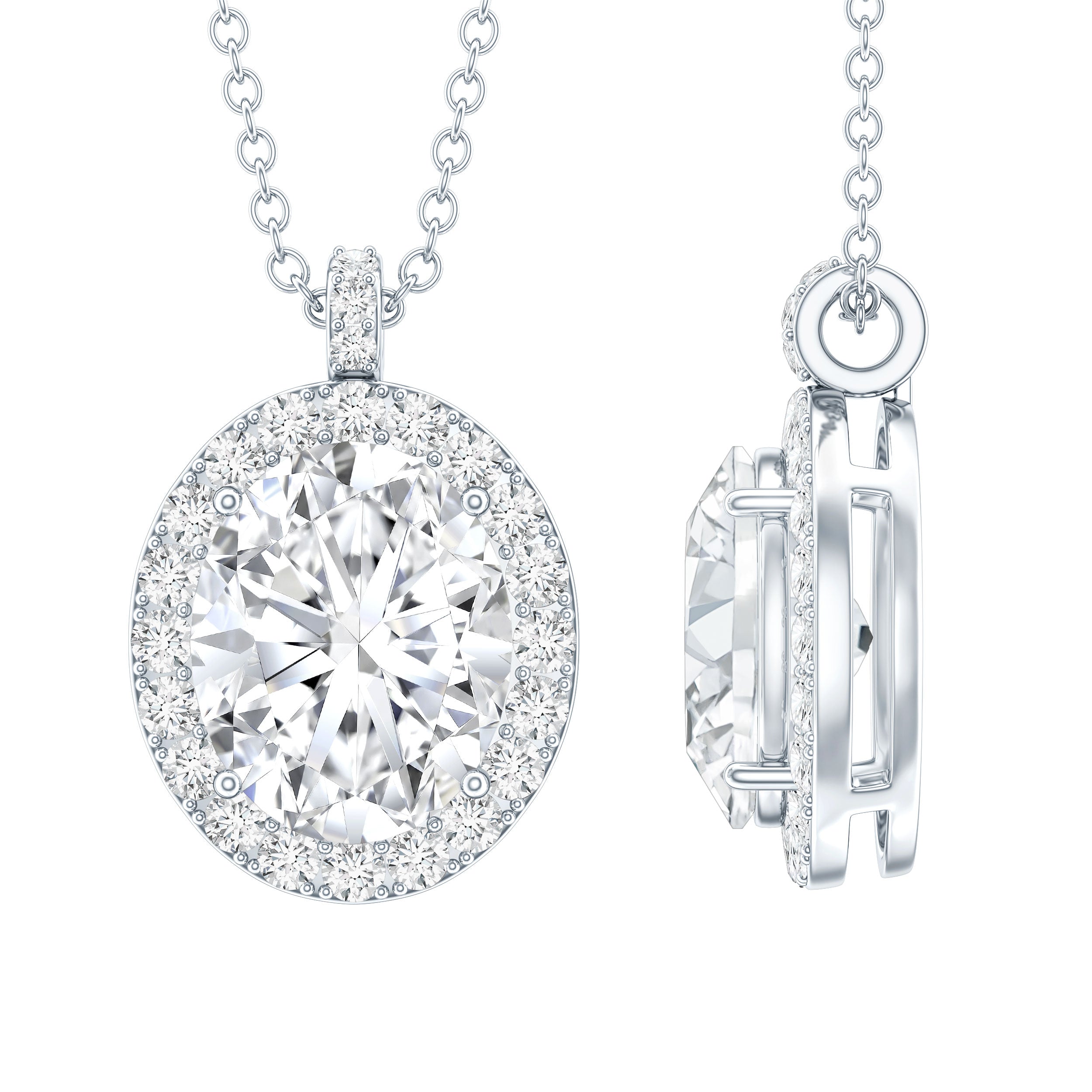 Certified 8X10 MM Oval Cubic Zirconia Halo Pendant with Chain