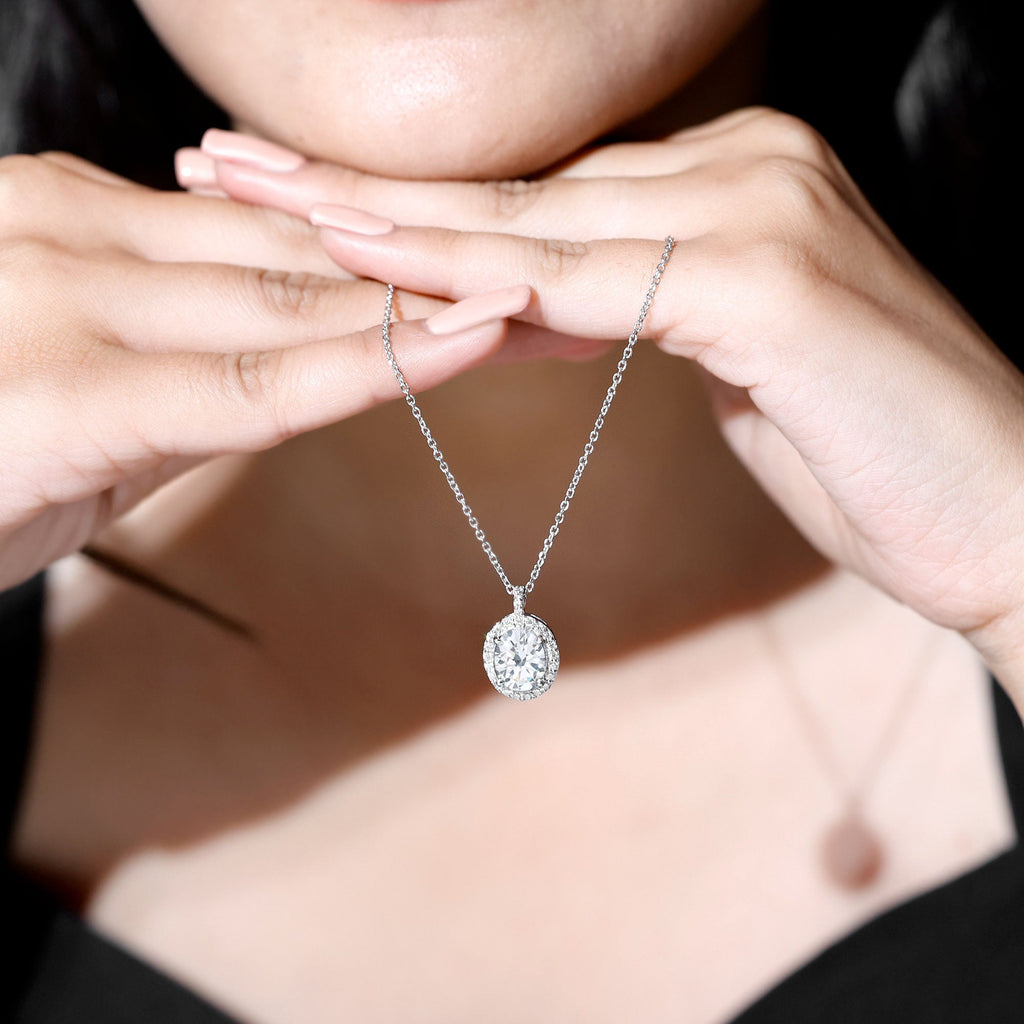 Certified 8X10 MM Oval Cubic Zirconia Halo Pendant with Chain