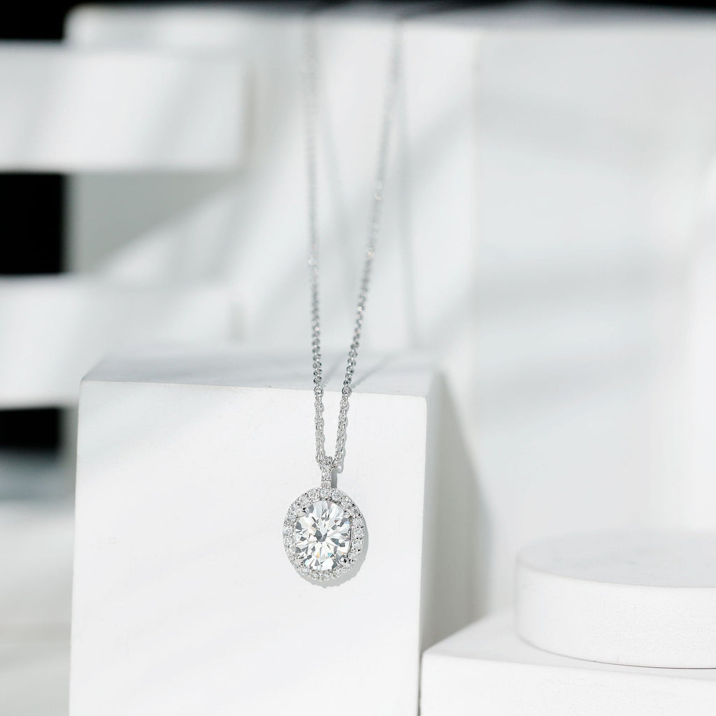 Certified 8X10 MM Oval Cubic Zirconia Halo Pendant with Chain