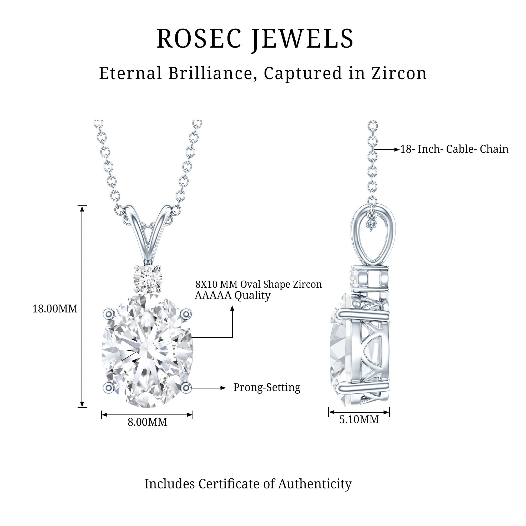 Certified 4 Carat Oval Cubic Zirconia Solitaire Necklace with Silver Chain