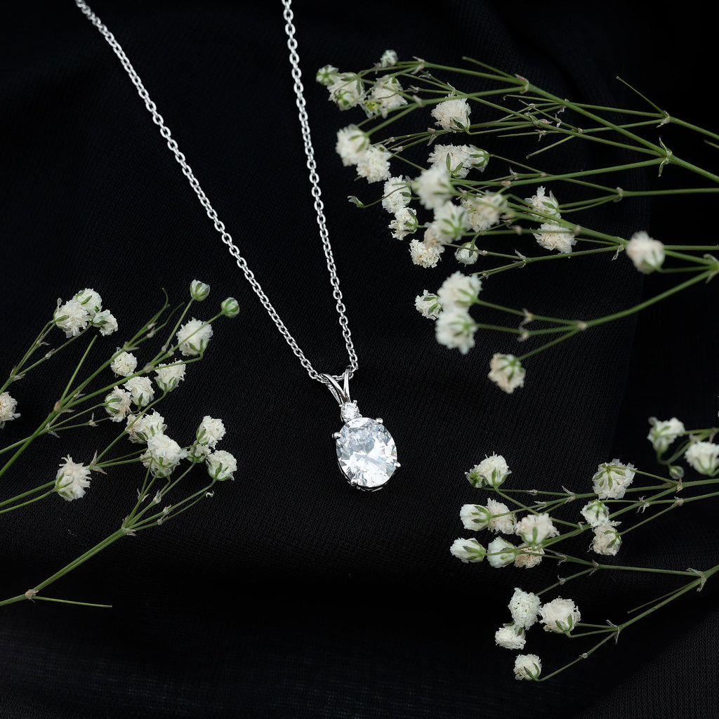 Certified 4 Carat Oval Cubic Zirconia Solitaire Necklace with Silver Chain
