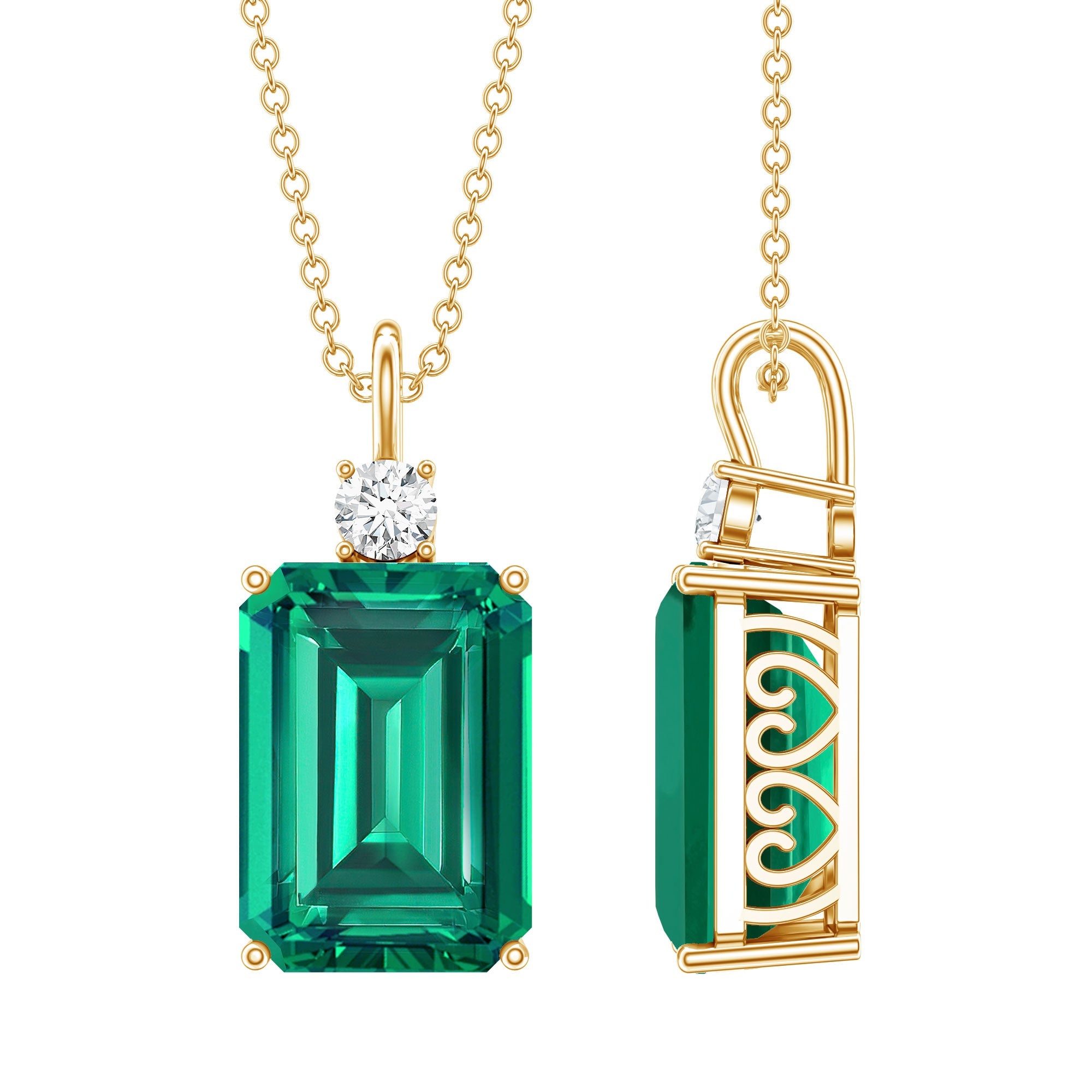 Lab Grown Emerald Necklace – Emerald Cut Solitaire Pendant With Diamond Accent
