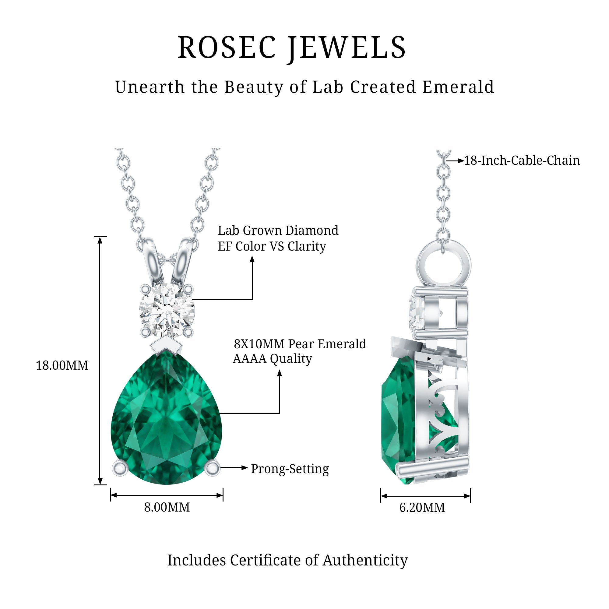 Lab Created Emerald Pendant Pear Shape Necklace – Diamond Teardrop Pendant Gift