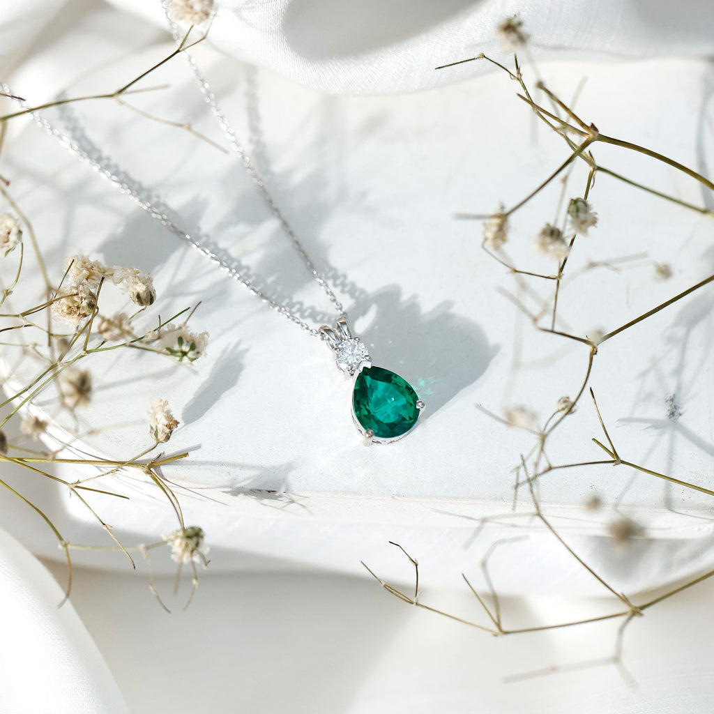 Lab Created Emerald Pendant Pear Shape Necklace – Diamond Teardrop Pendant Gift