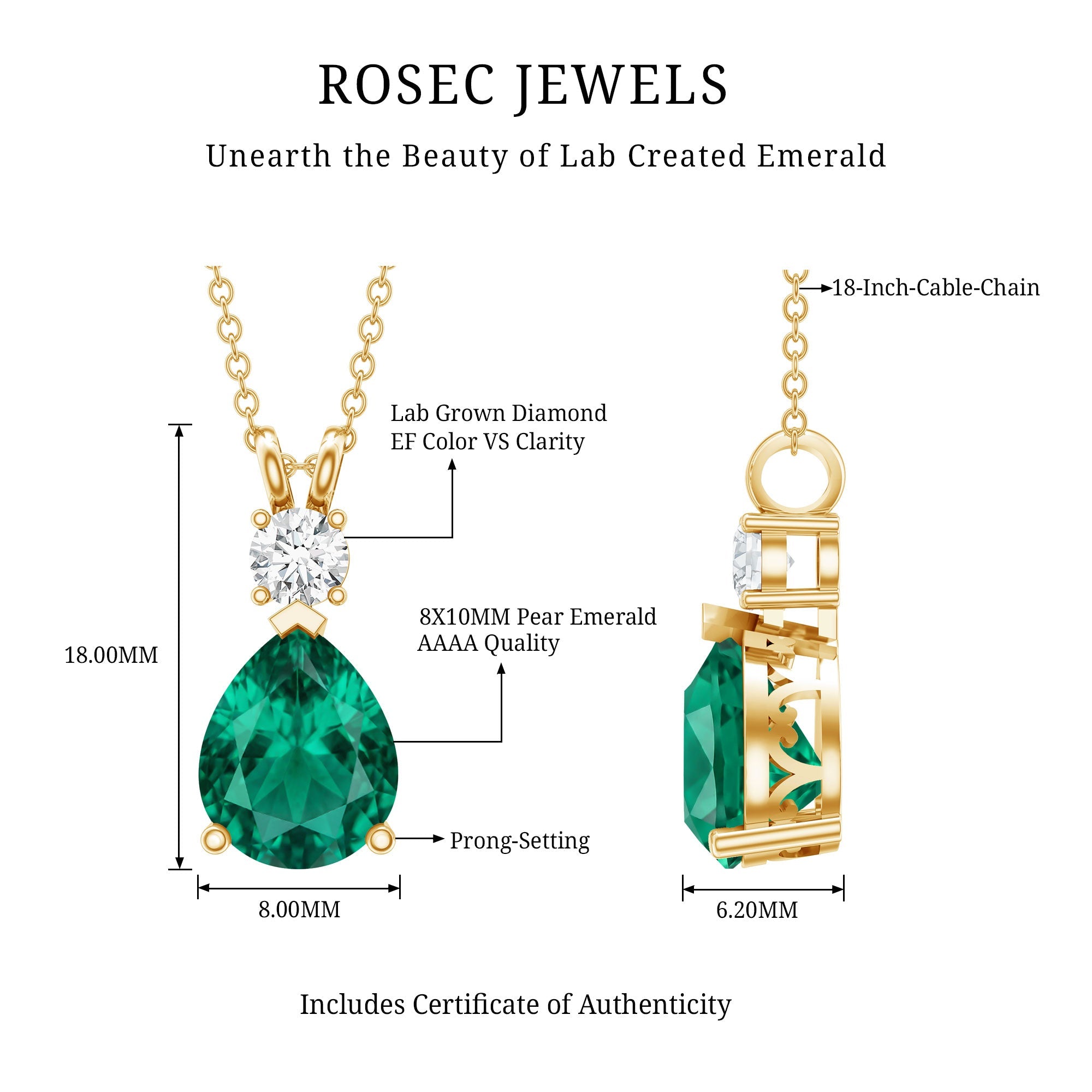 Lab Created Emerald Pendant Pear Shape Necklace – Diamond Teardrop Pendant Gift