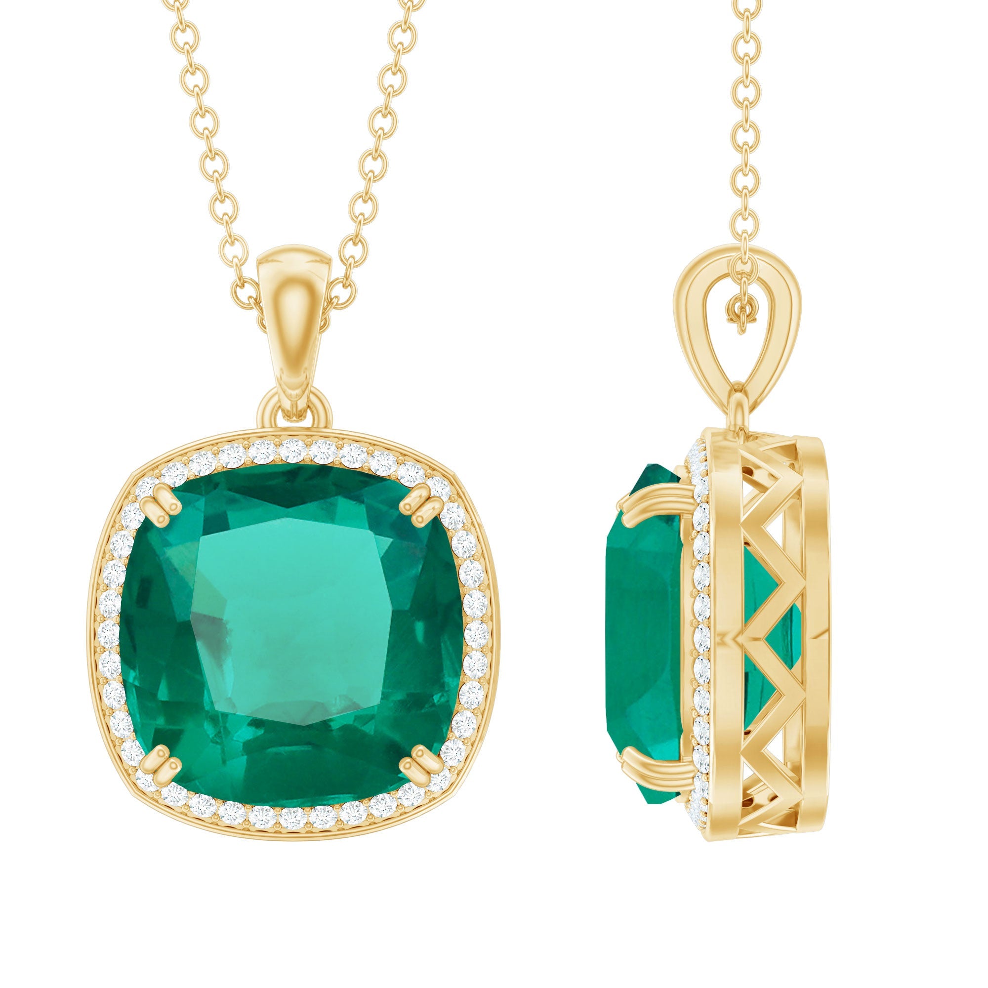 Lab Created Emerald Necklace – Cushion Cut Cocktail Pendant with Diamond Halo