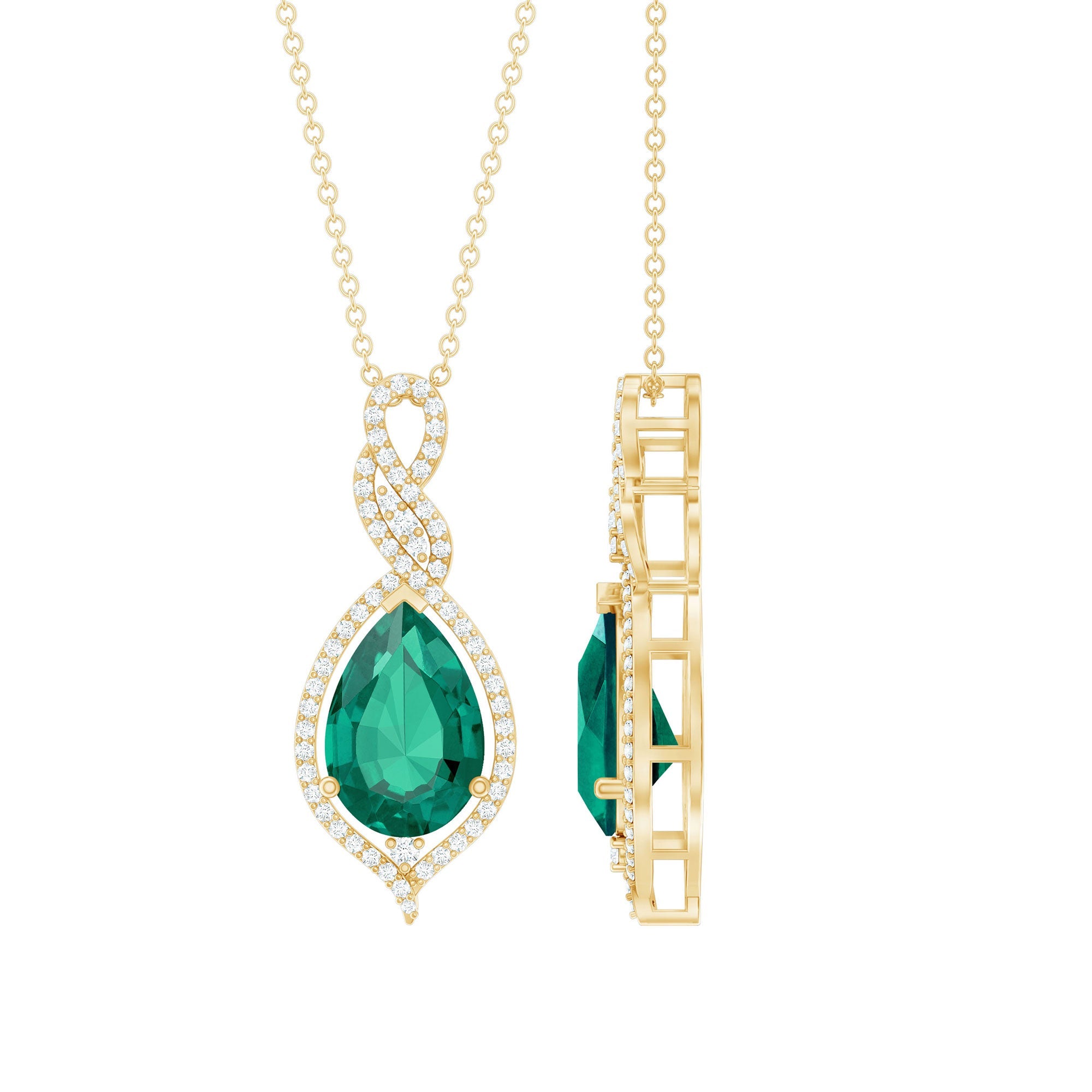 Lab Grown Emerald Necklace - 2.5 Carat Pear Shaped Pendant With Diamond Halo