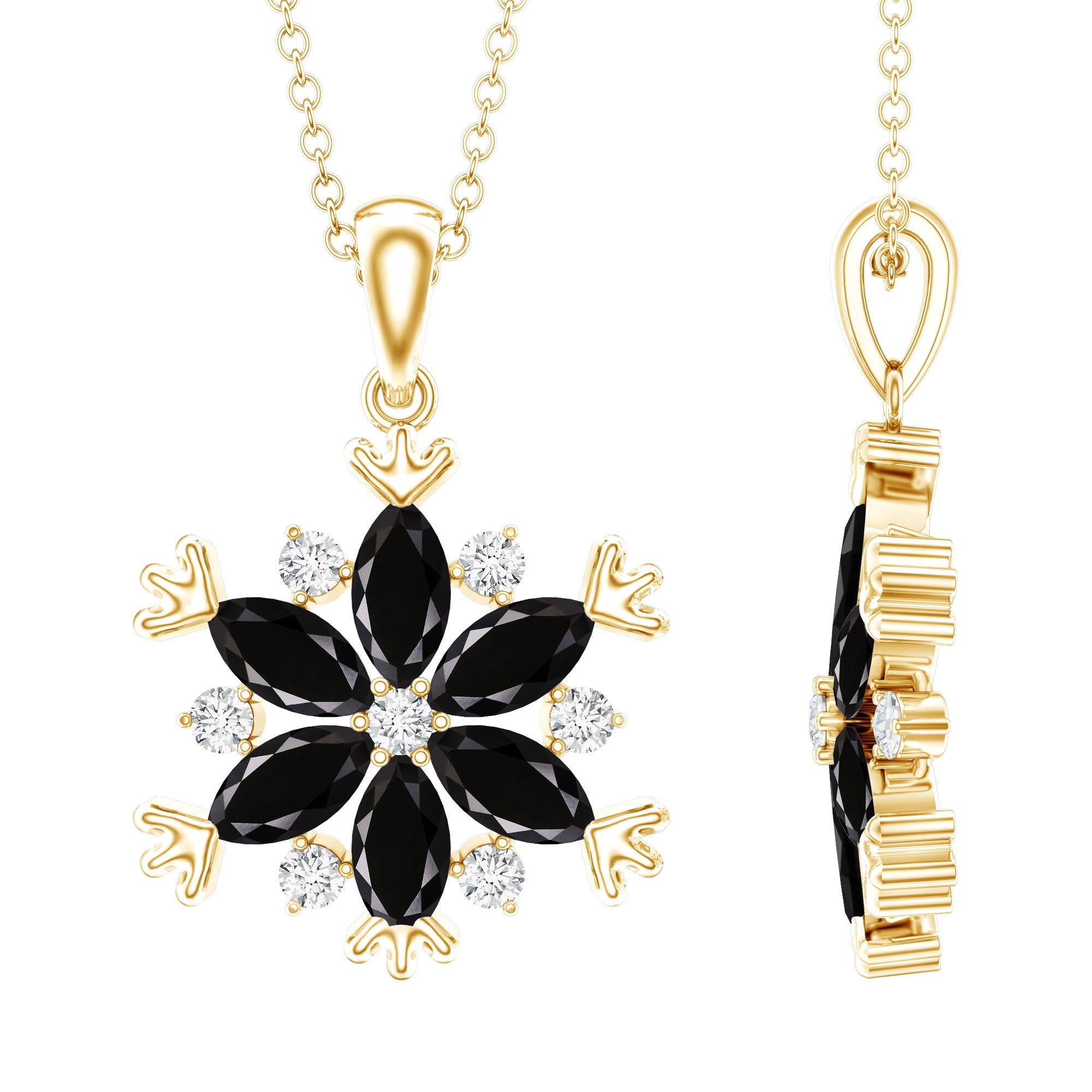 Certified Black Onyx Flower Pendant Necklace with Diamond