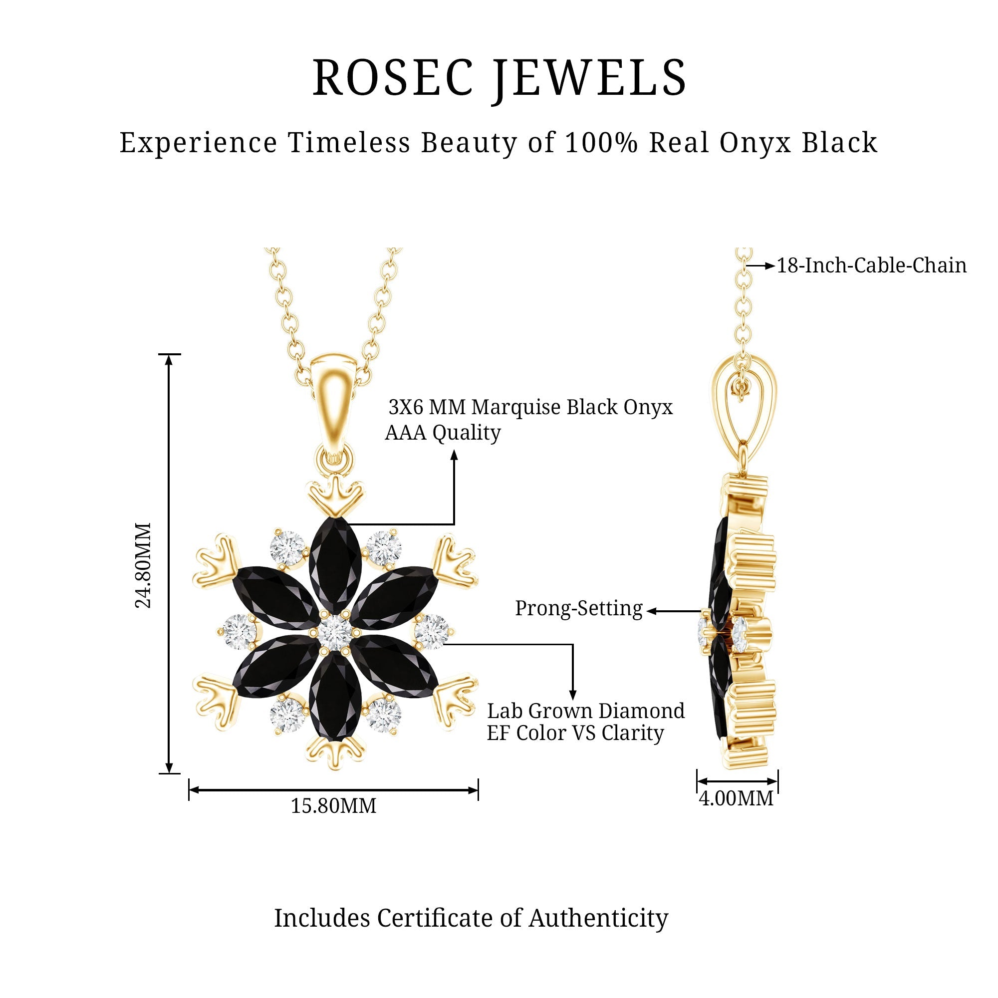 Certified Black Onyx Flower Pendant Necklace with Diamond