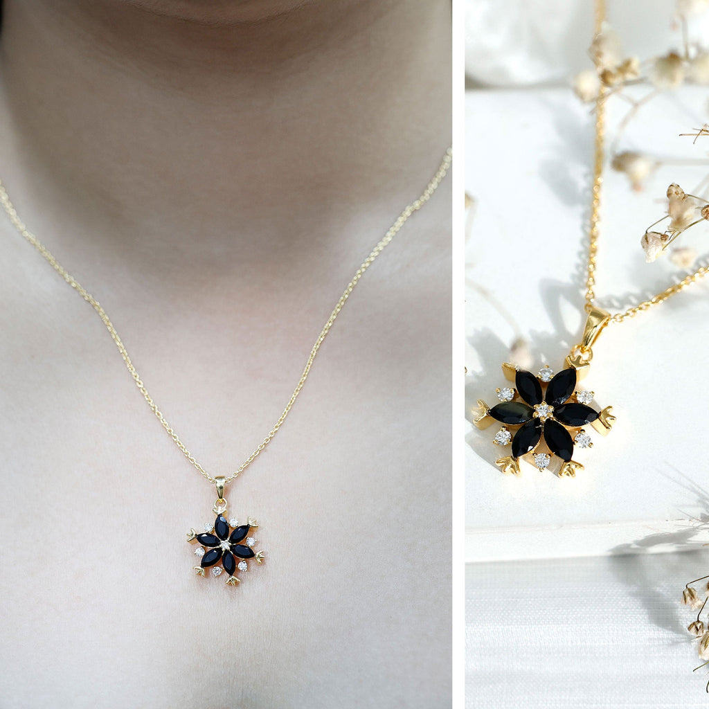 Certified Black Onyx Flower Pendant Necklace with Diamond