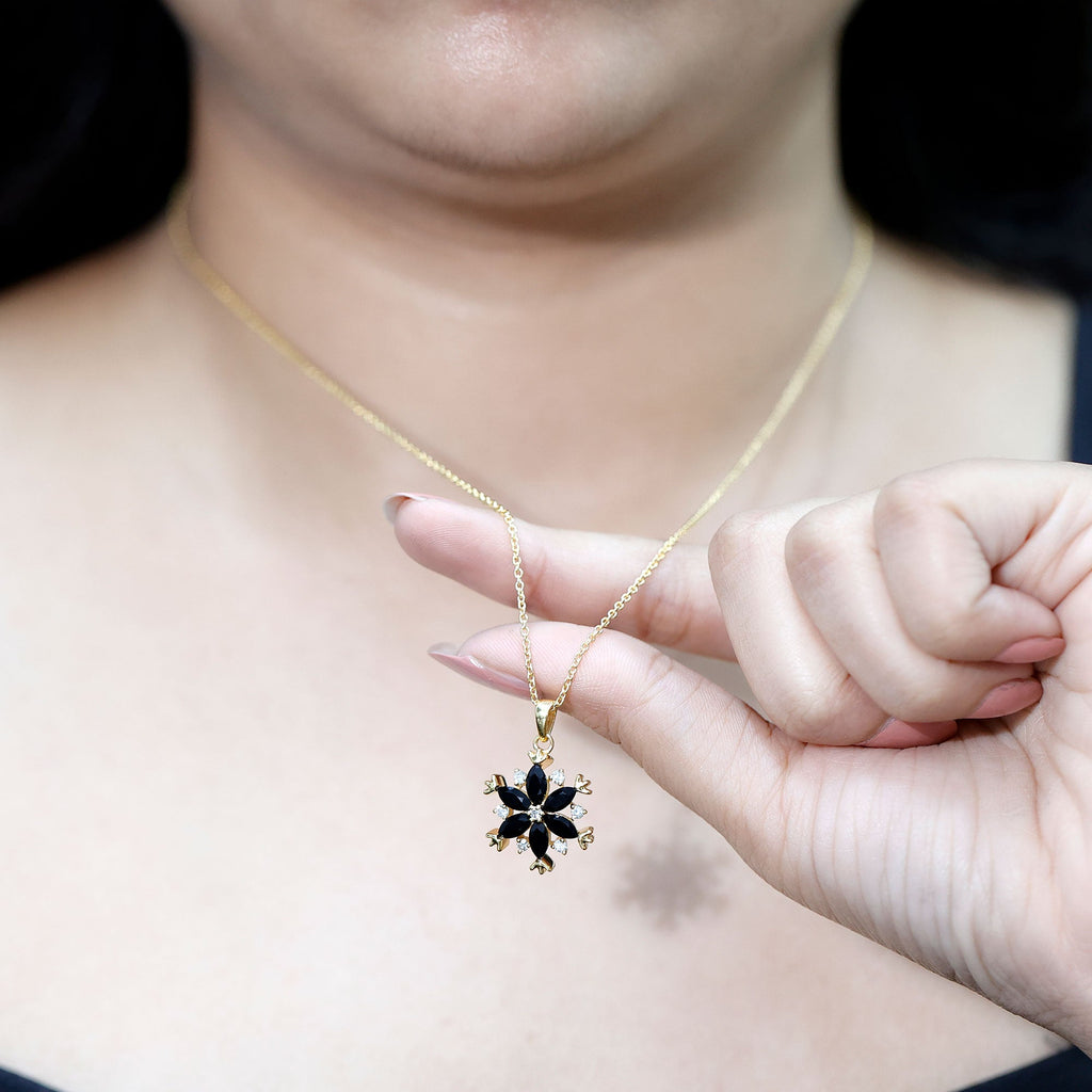 Certified Black Onyx Flower Pendant Necklace with Diamond