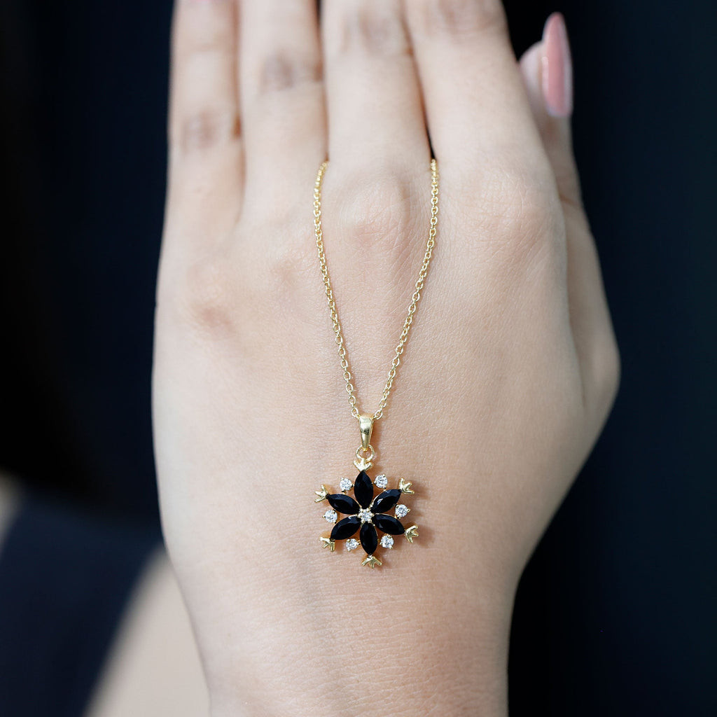 Certified Black Onyx Flower Pendant Necklace with Diamond