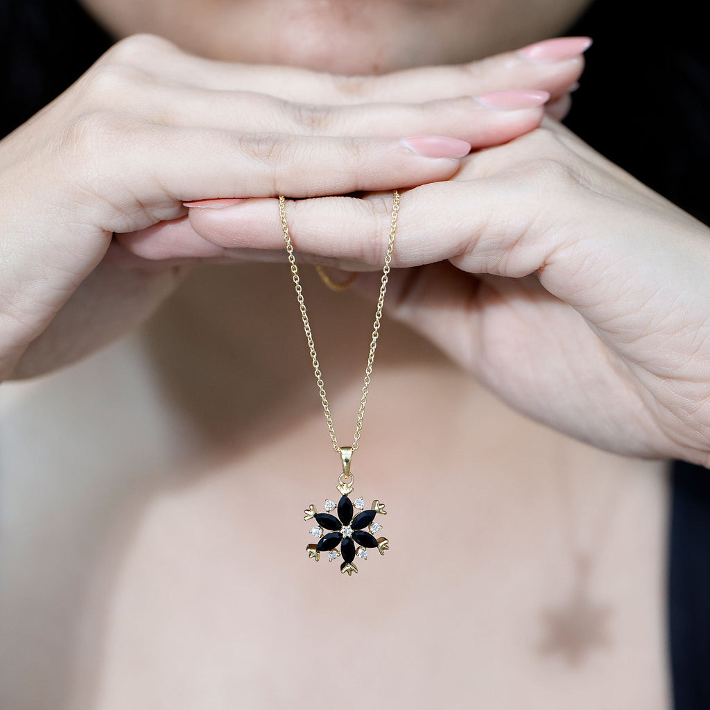 Certified Black Onyx Flower Pendant Necklace with Diamond