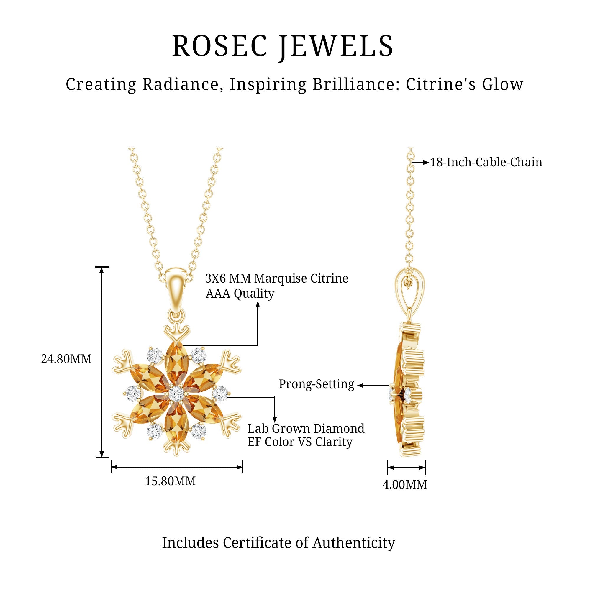 Citrine Flower Pendant - Marquise Citrine Jewelry With Lab Grown Diamond Accents