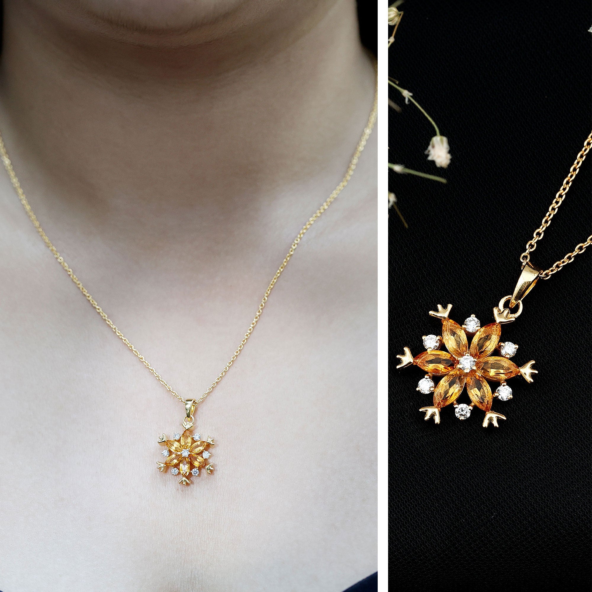 Citrine Flower Pendant - Marquise Citrine Jewelry With Lab Grown Diamond Accents