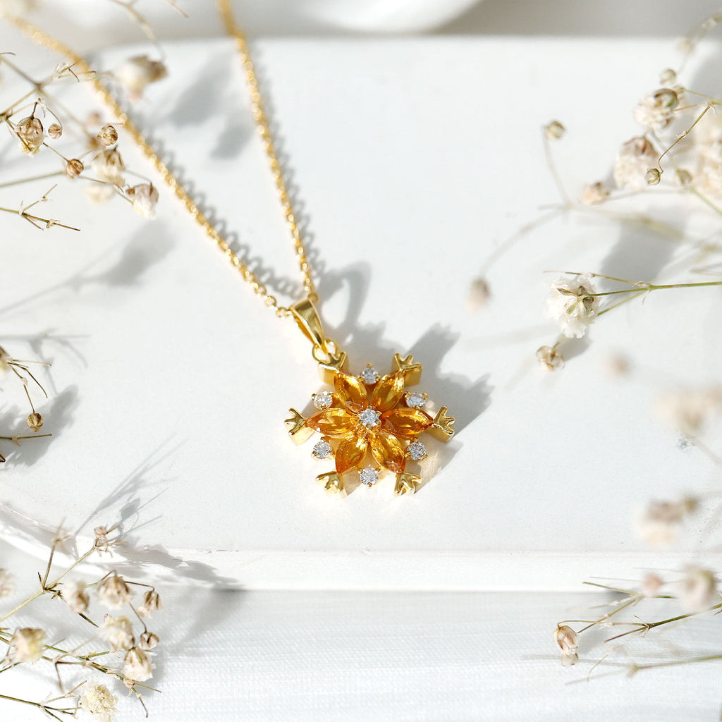 Citrine Flower Pendant - Marquise Citrine Jewelry With Lab Grown Diamond Accents