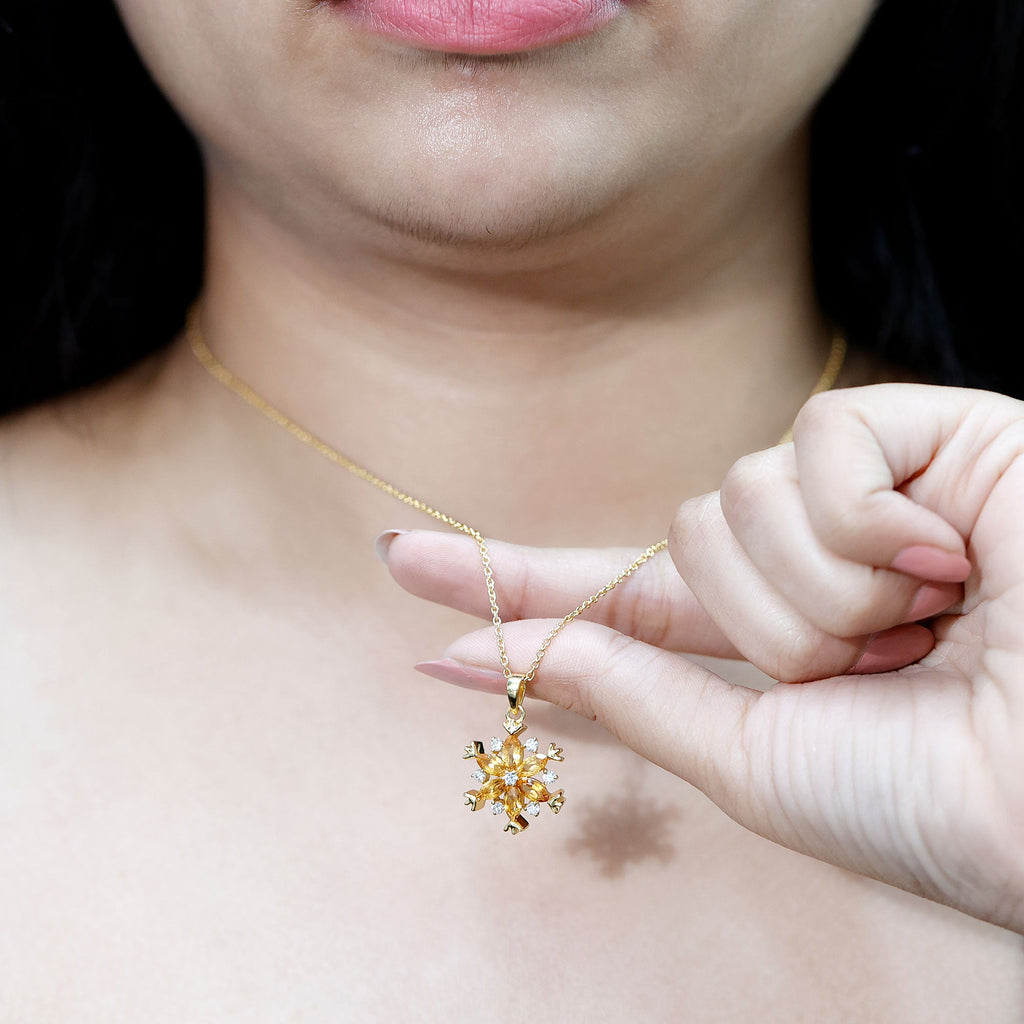 Citrine Flower Pendant - Marquise Citrine Jewelry With Lab Grown Diamond Accents