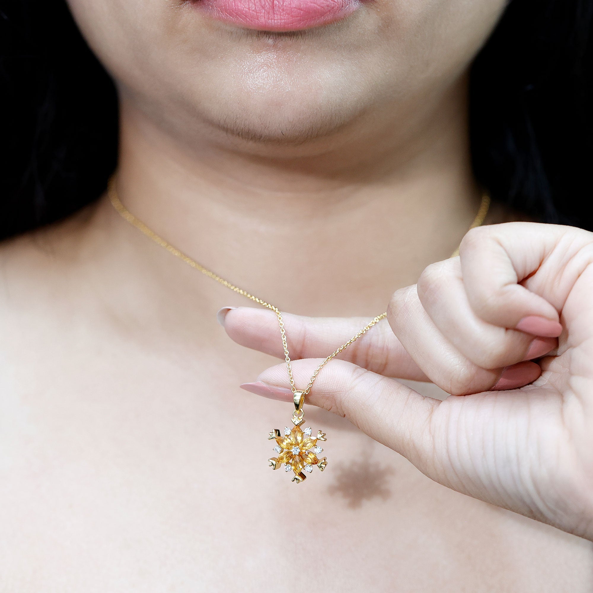 Citrine Flower Pendant - Marquise Citrine Jewelry With Lab Grown Diamond Accents