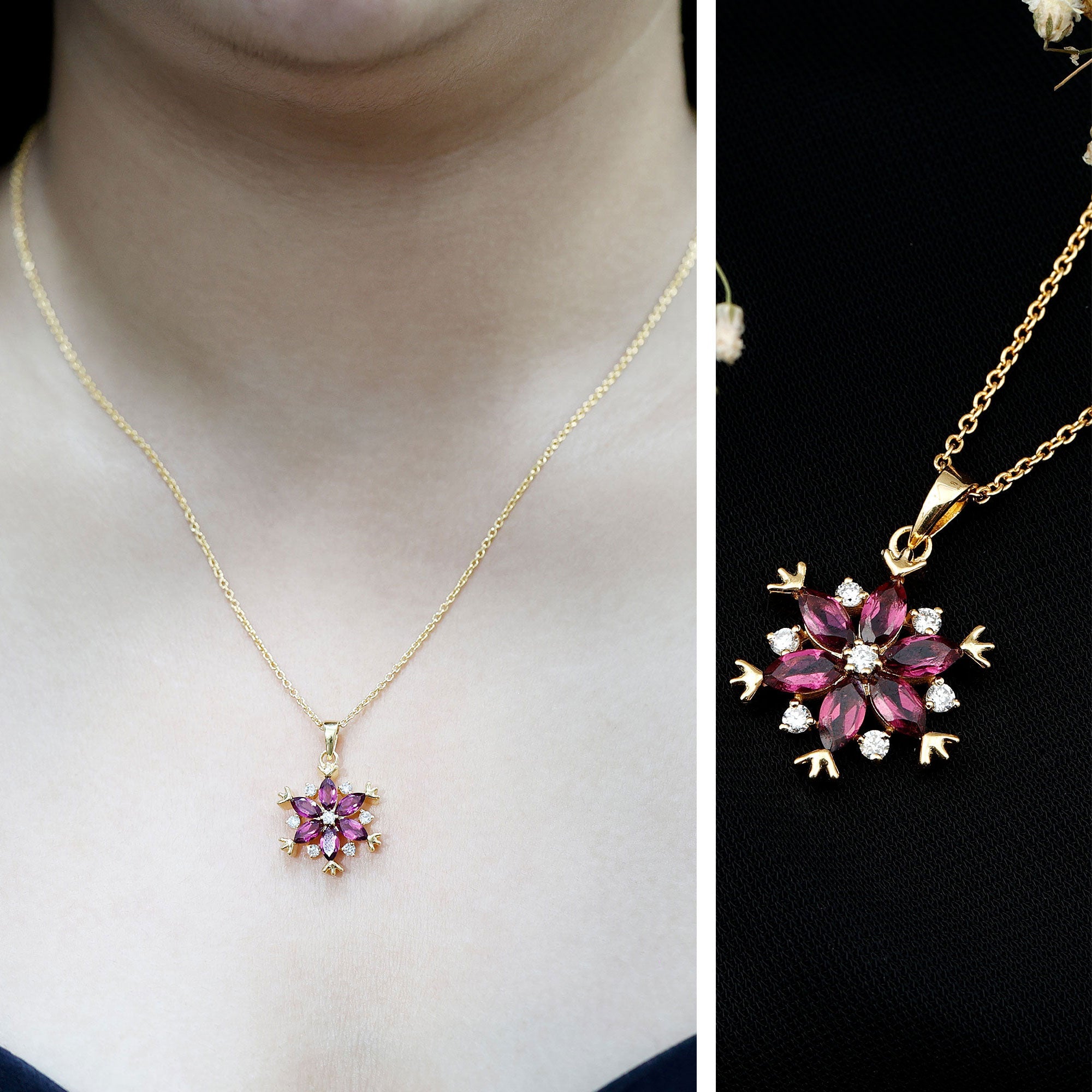 Rhodolite Garnet Necklace – 14k Gold Plated Silver Flower Cluster Pendant Elegant Gift