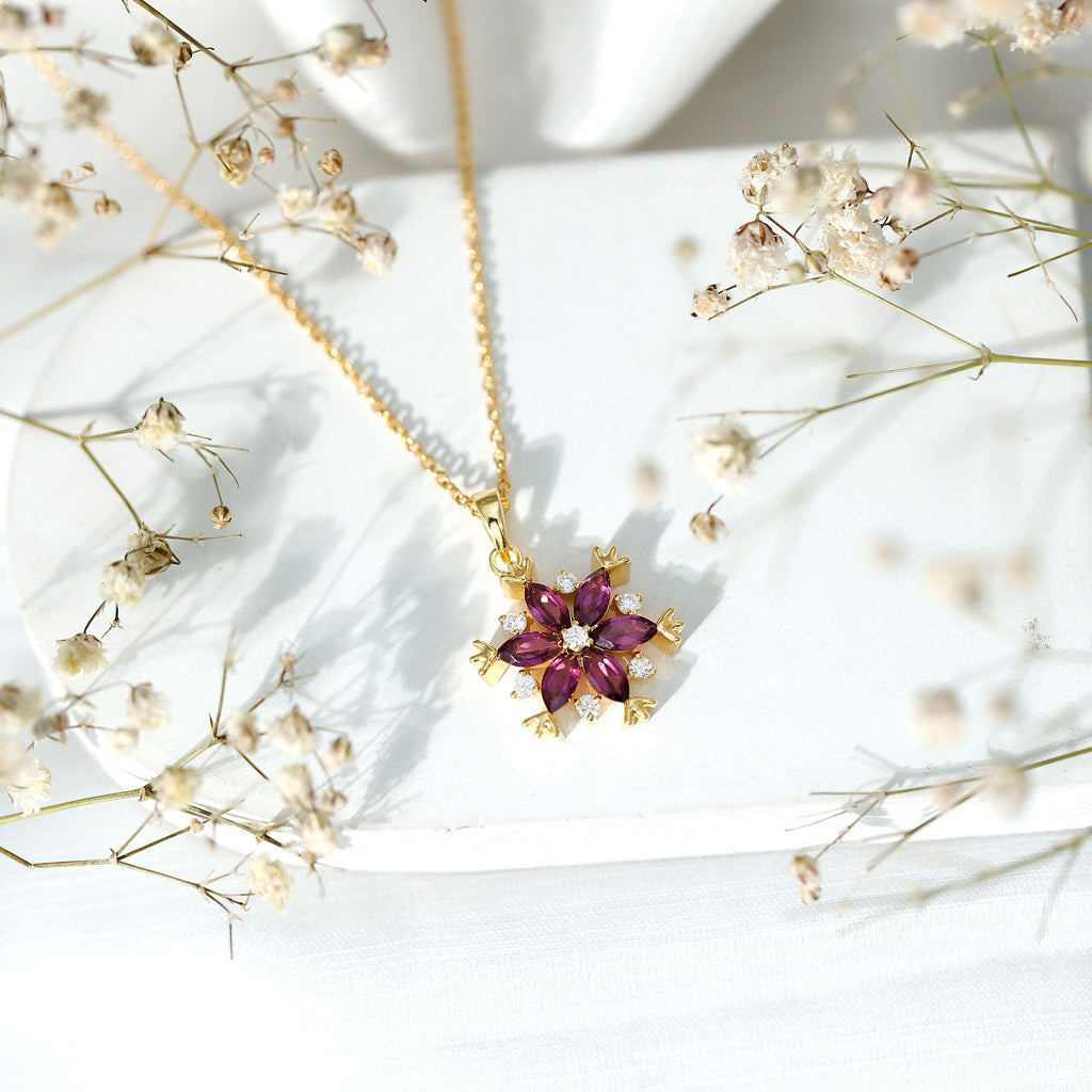 Rhodolite Garnet Necklace – 14k Gold Plated Silver Flower Cluster Pendant Elegant Gift