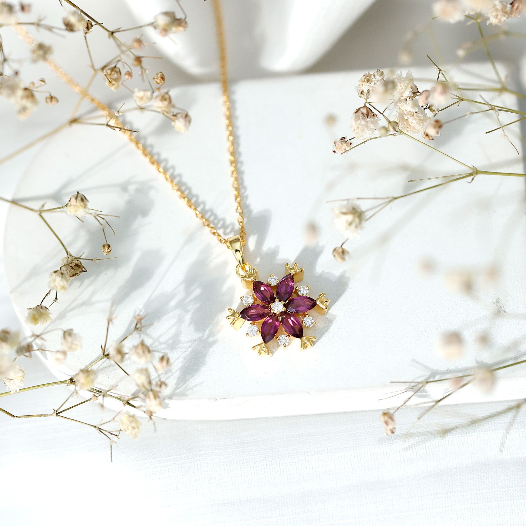 Rhodolite Garnet Necklace – 14k Gold Plated Silver Flower Cluster Pendant Elegant Gift