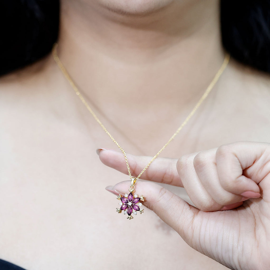Rhodolite Garnet Necklace – 14k Gold Plated Silver Flower Cluster Pendant Elegant Gift