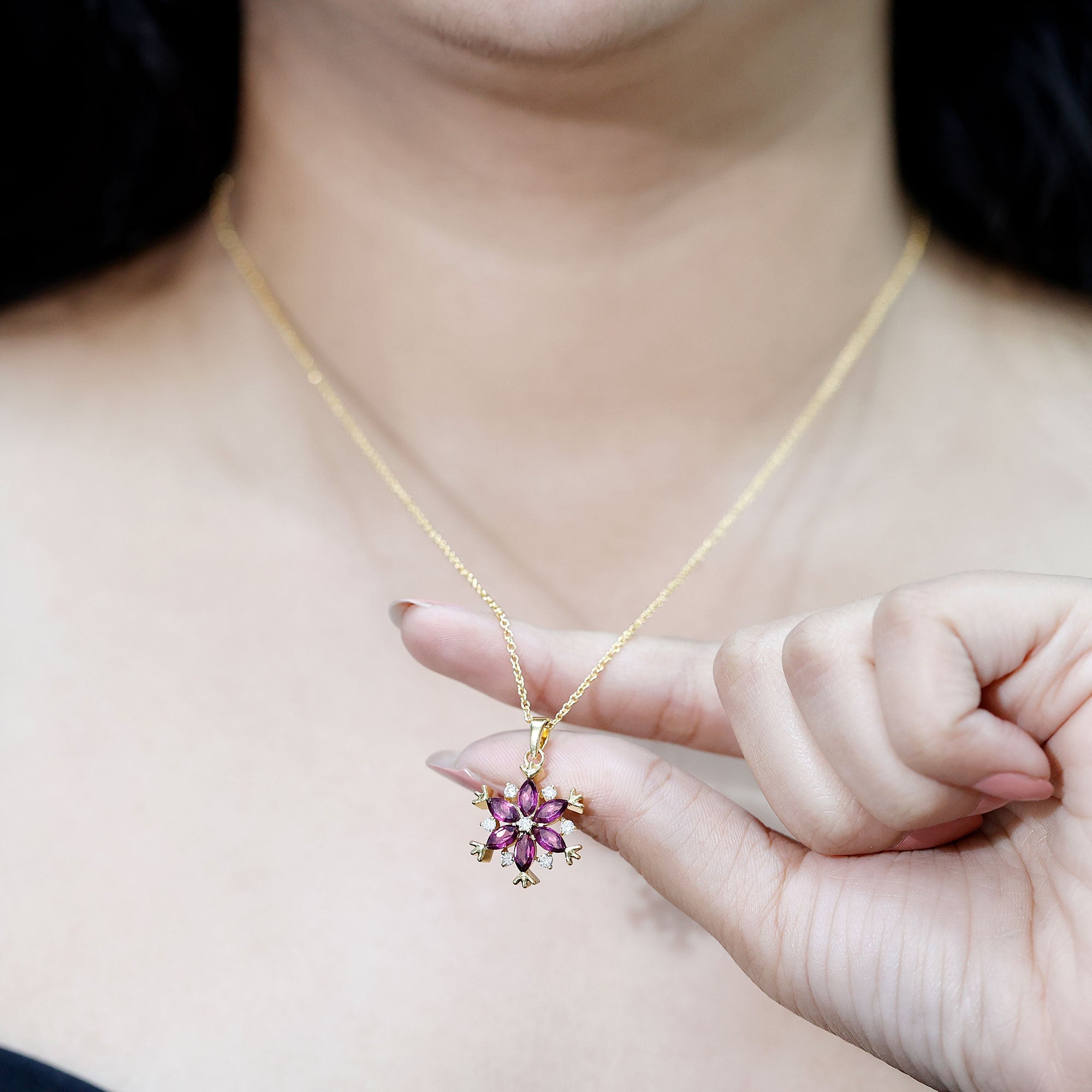 Rhodolite Garnet Necklace – 14k Gold Plated Silver Flower Cluster Pendant Elegant Gift