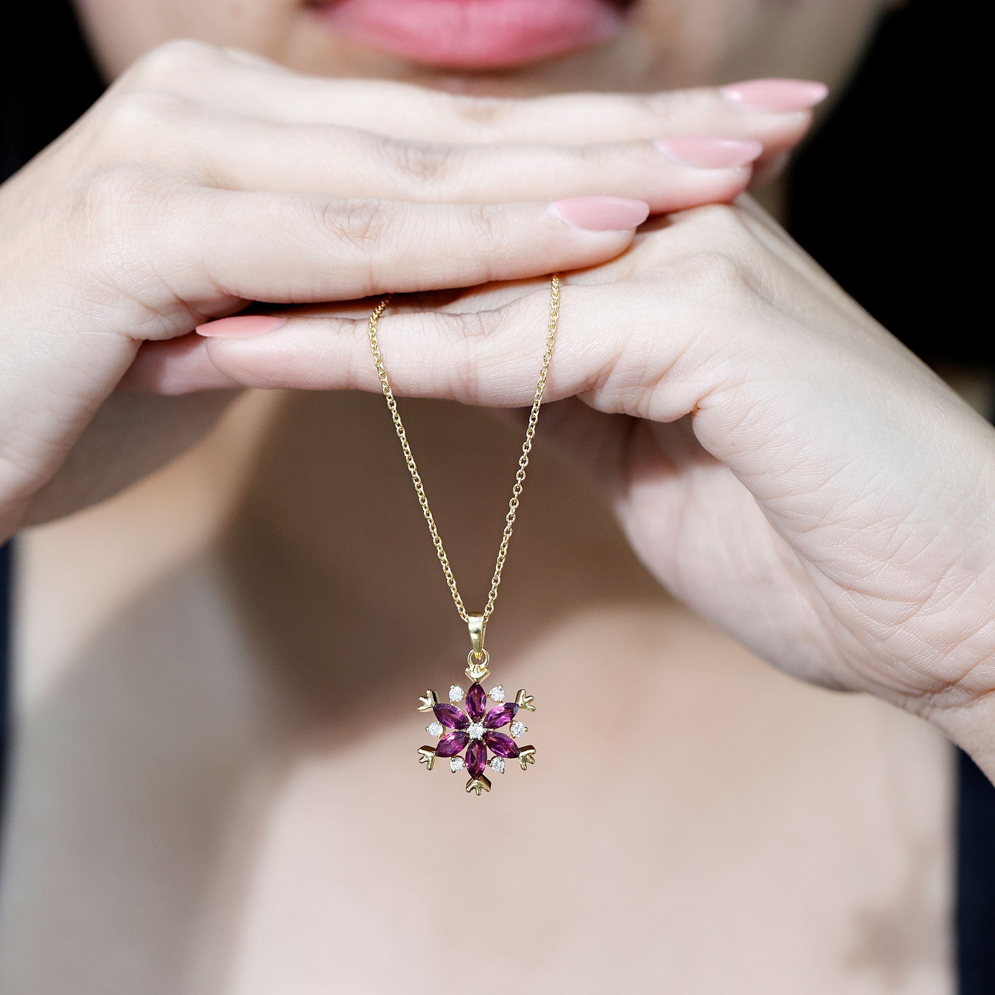 Rhodolite Garnet Necklace – 14k Gold Plated Silver Flower Cluster Pendant Elegant Gift