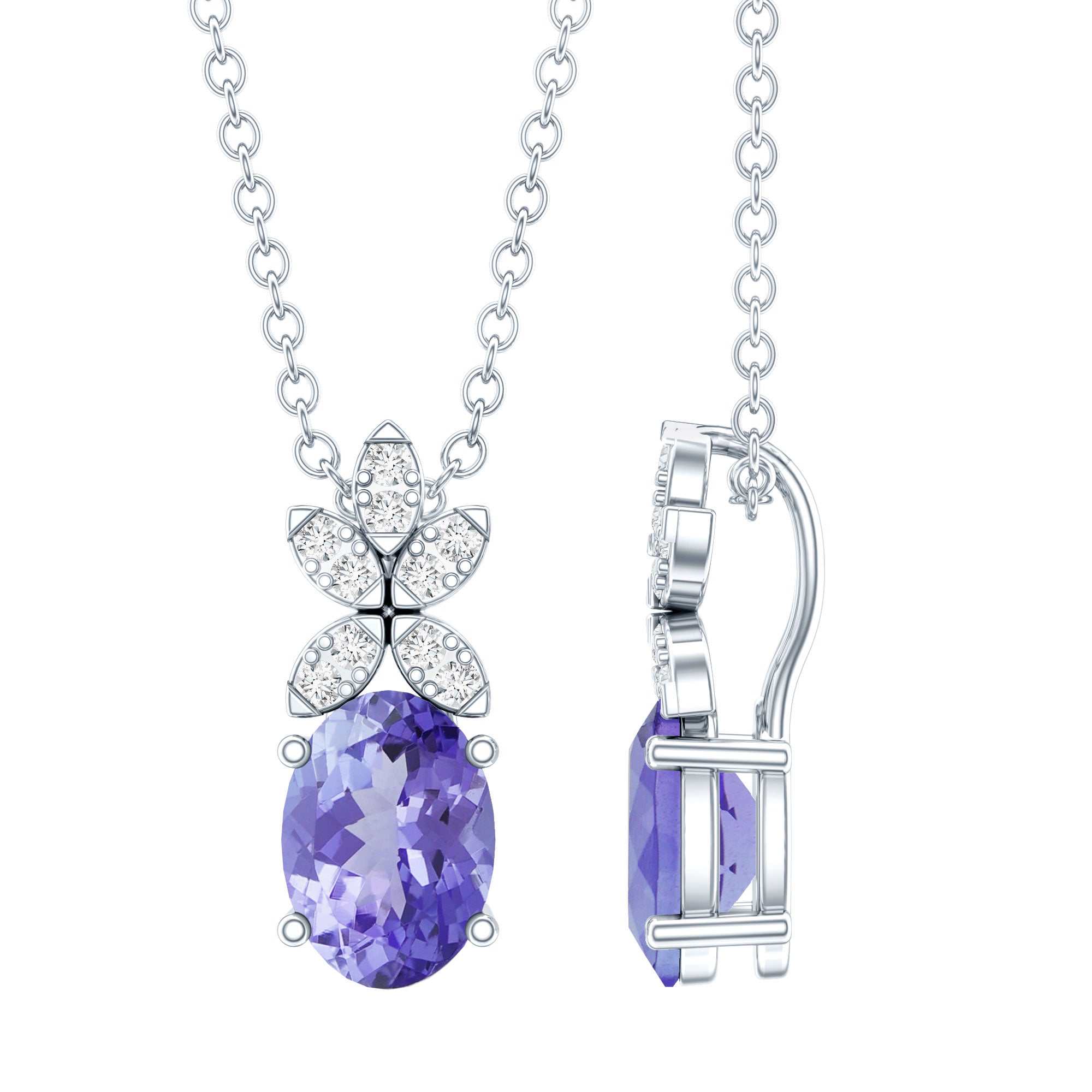 Oval Tanzanite Pendant - 1 Carat Blue Gemstone Necklace With Diamond Flower Design