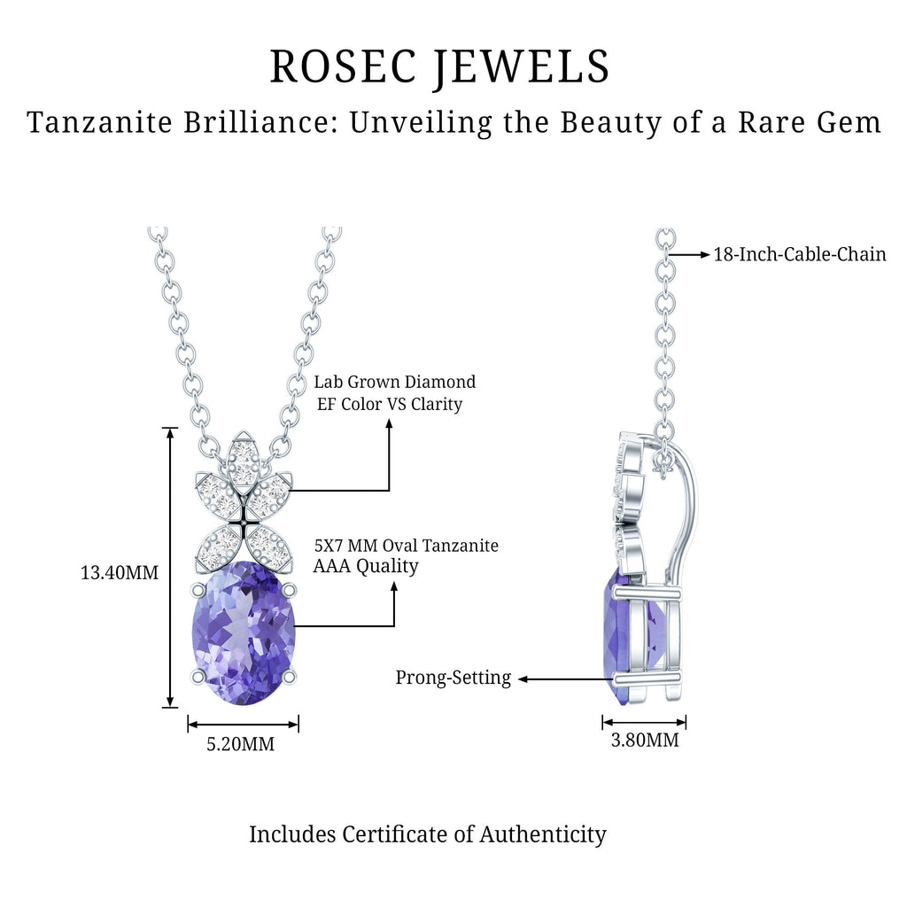 Oval Tanzanite Pendant - 1 Carat Blue Gemstone Necklace With Diamond Flower Design