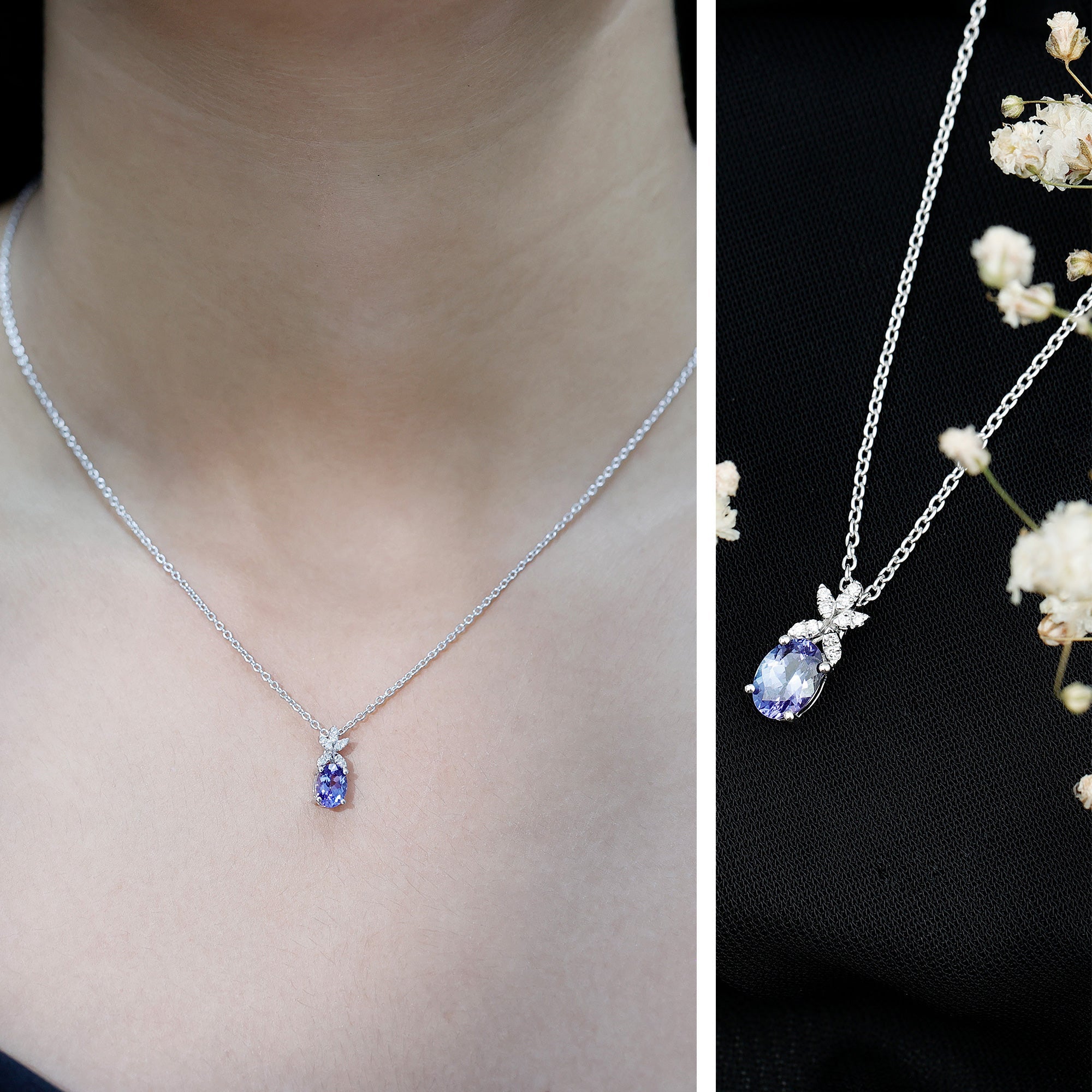 Oval Tanzanite Pendant - 1 Carat Blue Gemstone Necklace With Diamond Flower Design