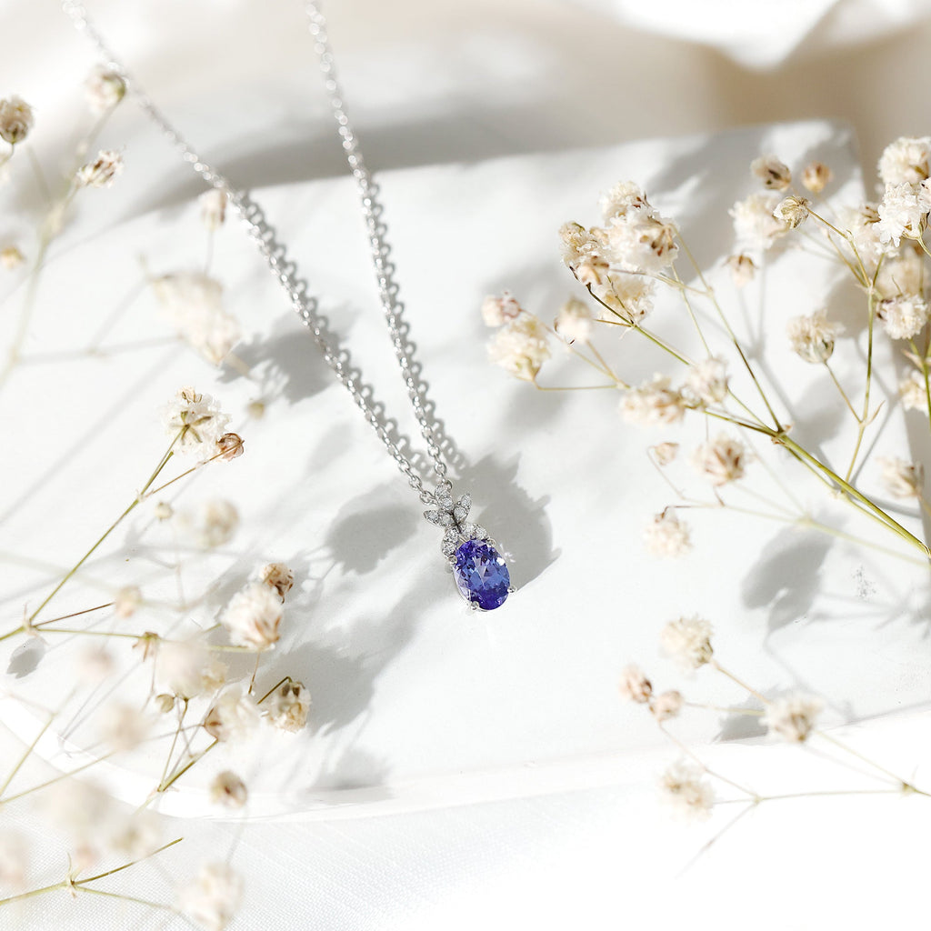Oval Tanzanite Pendant - 1 Carat Blue Gemstone Necklace With Diamond Flower Design