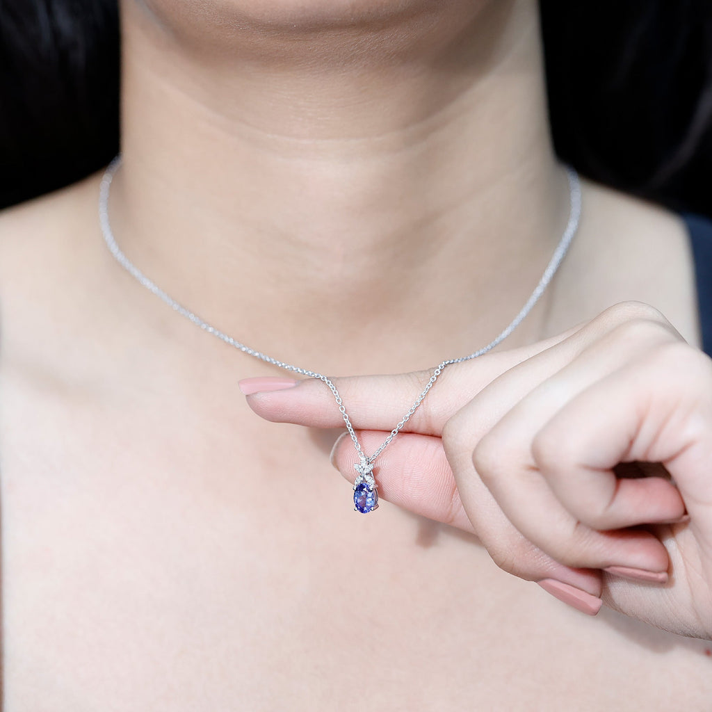 Oval Tanzanite Pendant - 1 Carat Blue Gemstone Necklace With Diamond Flower Design