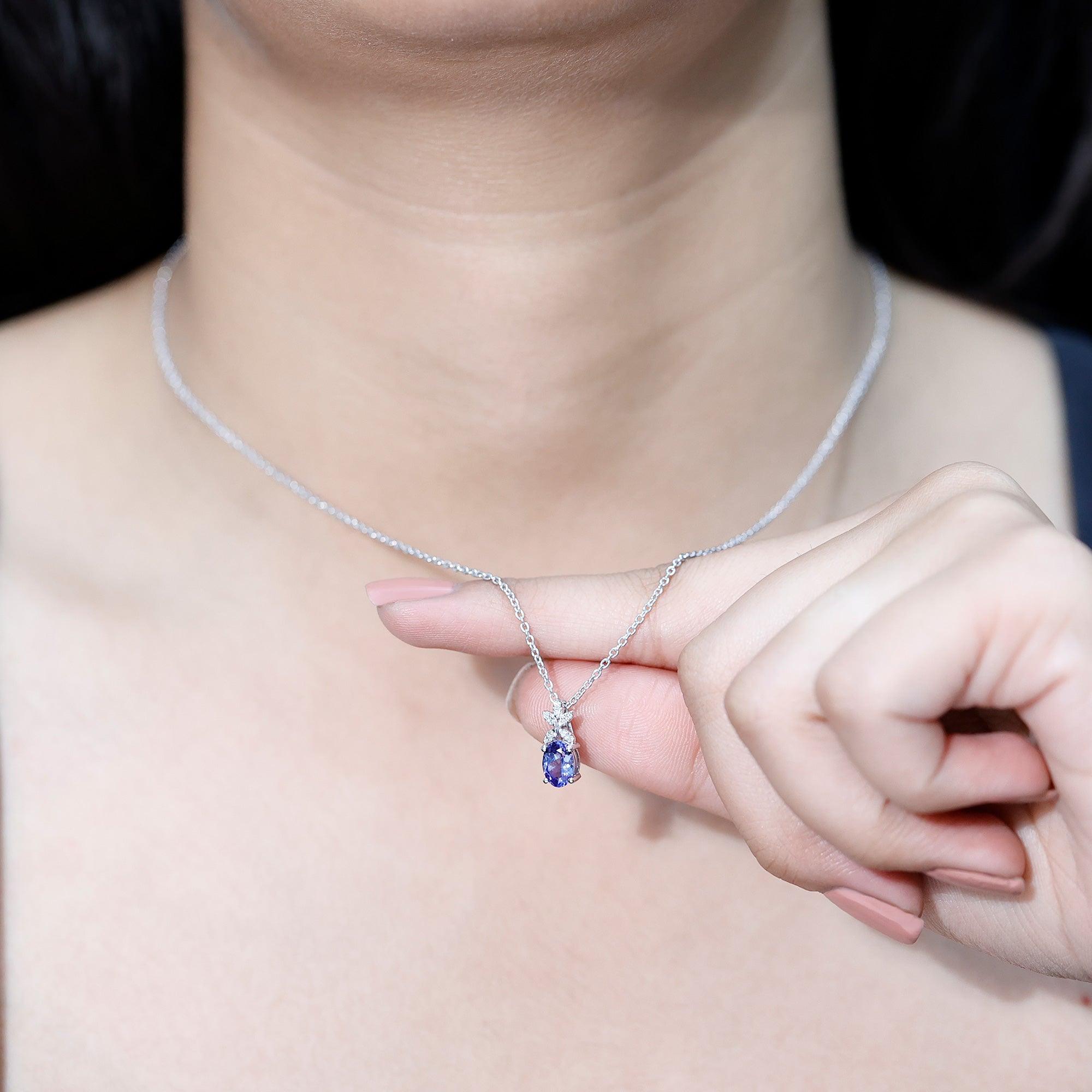 Oval Tanzanite Pendant - 1 Carat Blue Gemstone Necklace With Diamond Flower Design