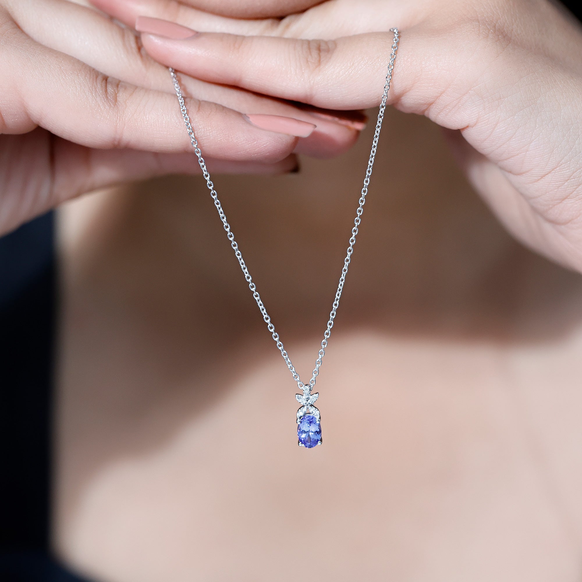 Oval Tanzanite Pendant - 1 Carat Blue Gemstone Necklace With Diamond Flower Design